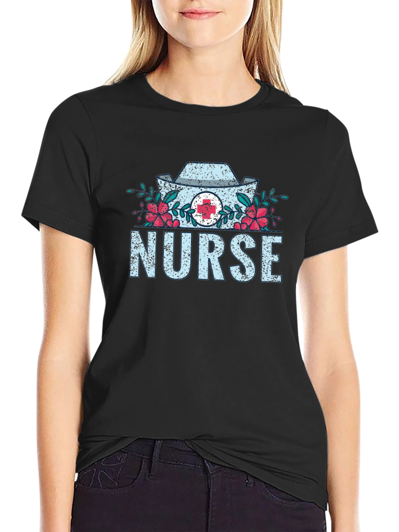 Black Nurse Floral Graphic T-Shirt - Medical Profession Apparel view 2
