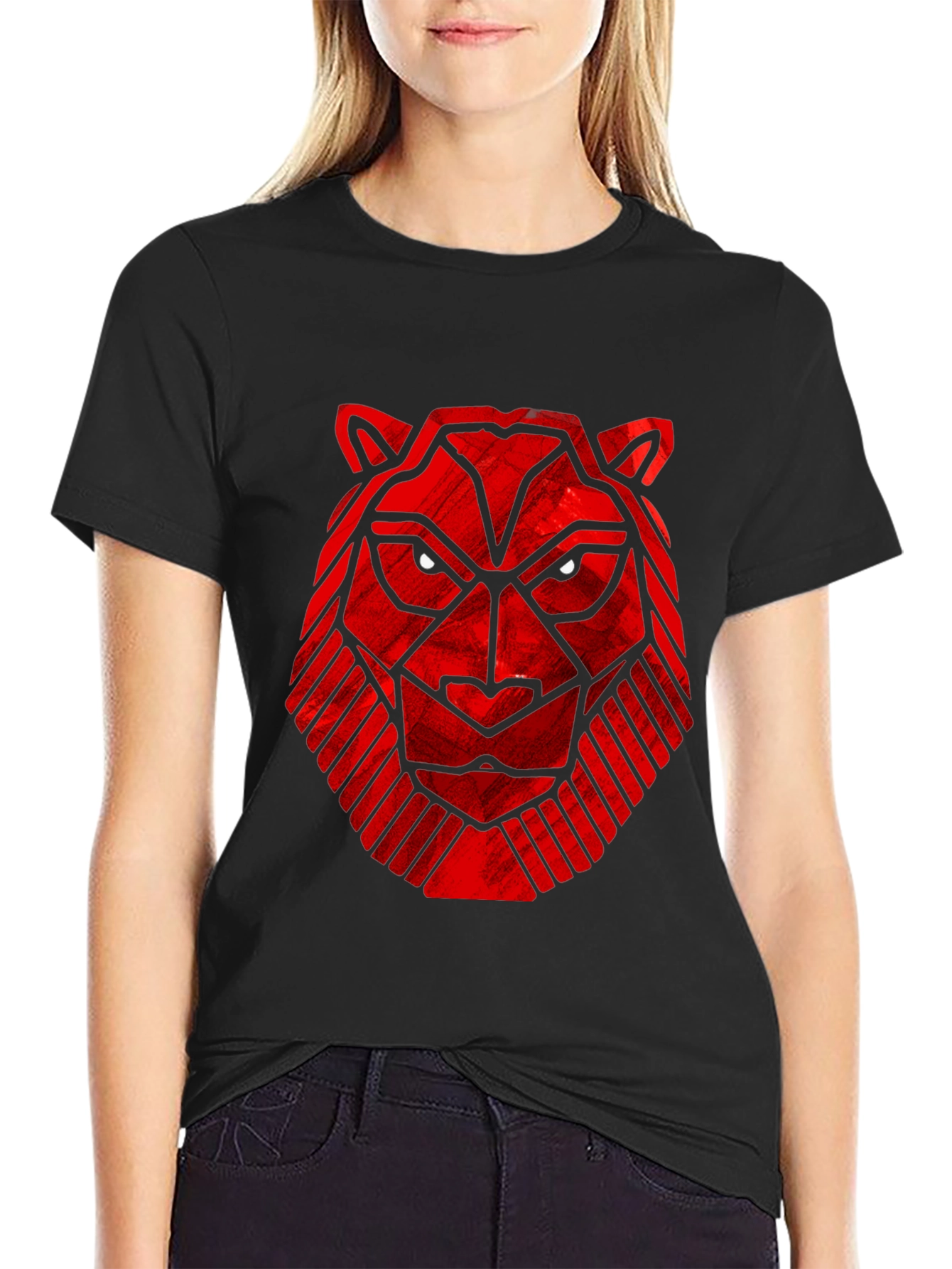 Black Geometric Red Tiger Graphic Black T-Shirt view 2