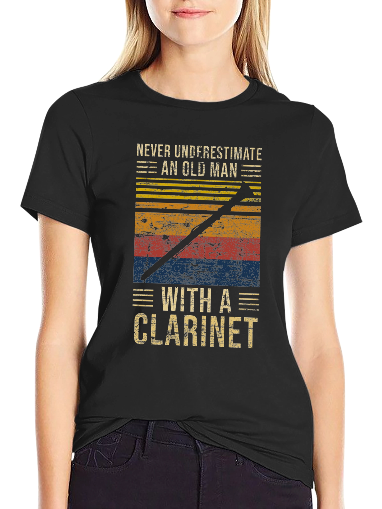 Black Never Underestimate Old Man with Clarinet T-Shirt view 2