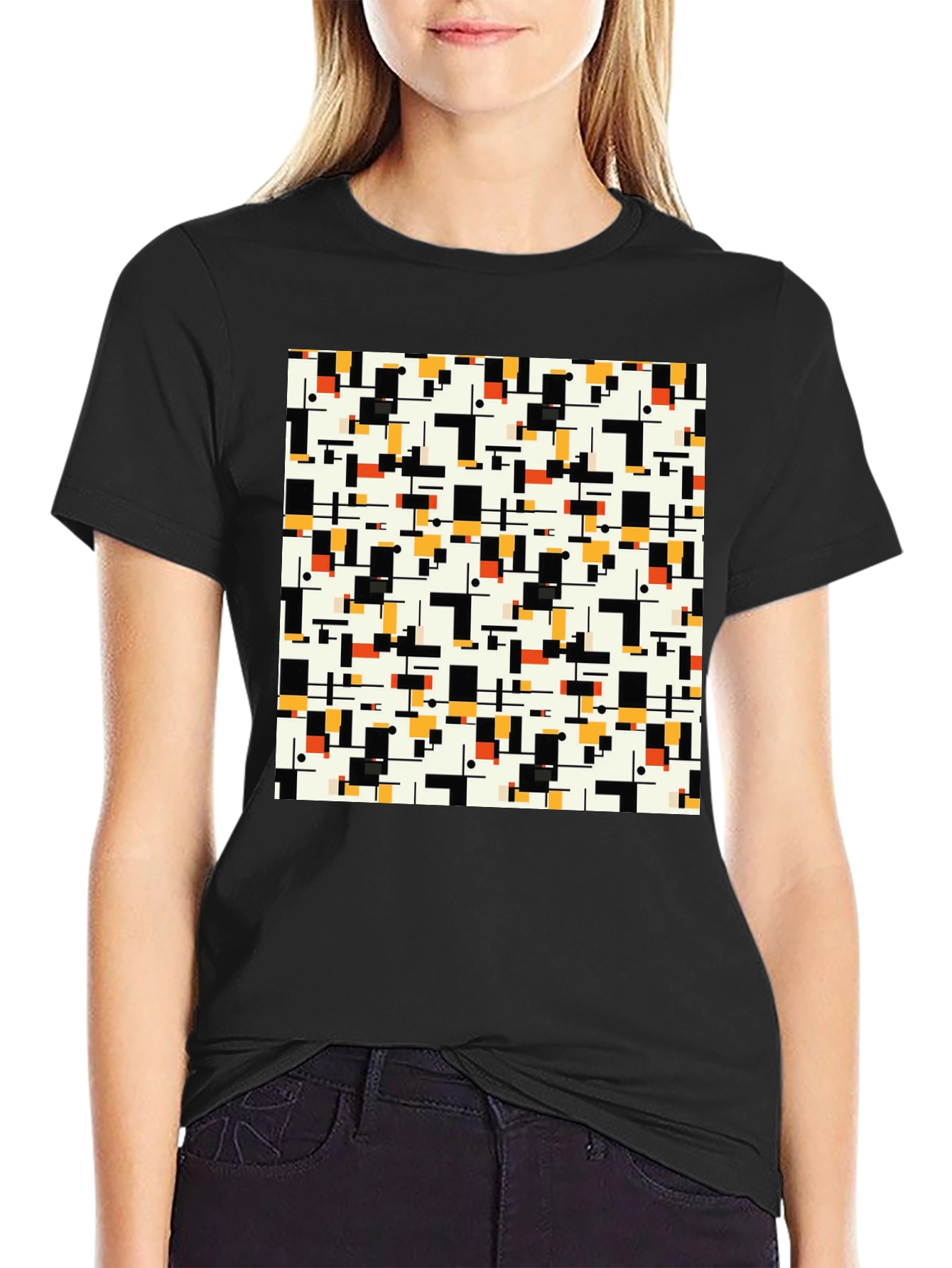 Black Geometric Pattern T-Shirt - Modern Abstract Design view 2