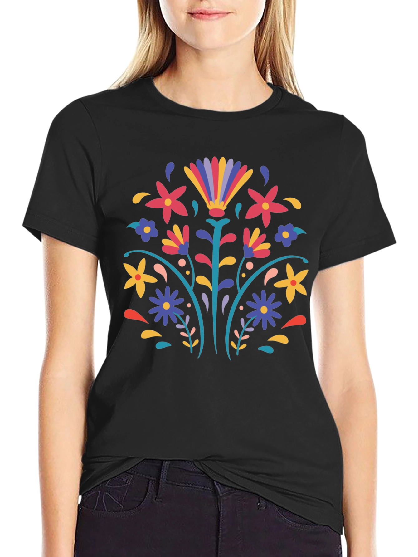 Black Floral Folk Art Black T-Shirt view 2