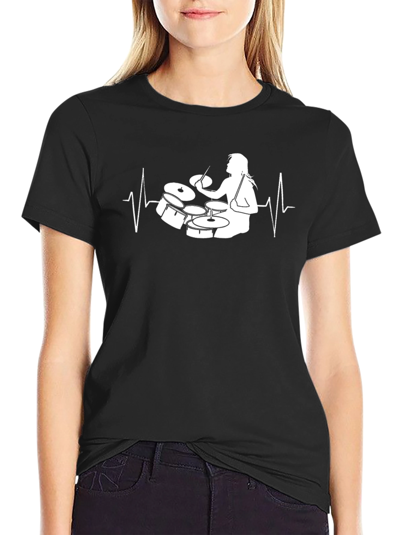 Black Drummer Heartbeat T-Shirt - Music Lover Tee view 2