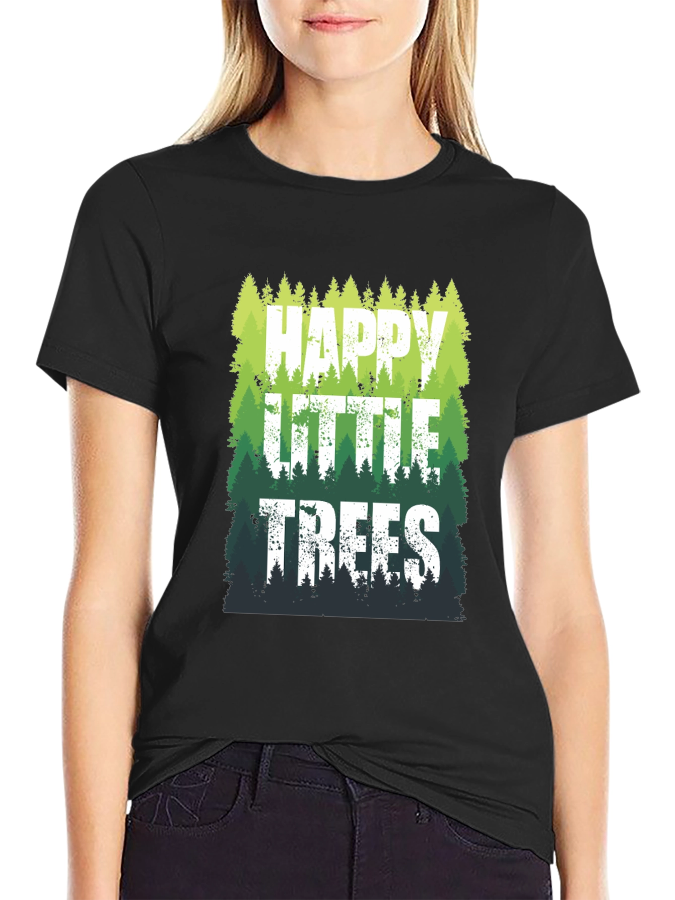 Black Happy Little Trees Graphic T-Shirt view 2