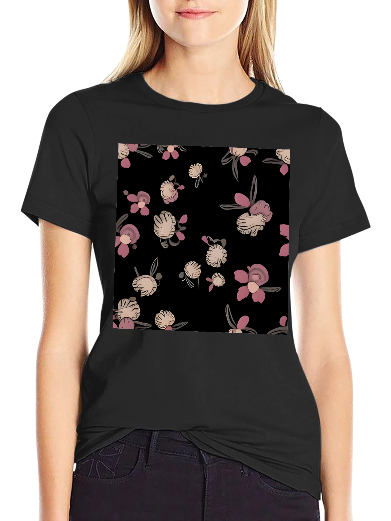 Black Floral Print Black T-Shirt - Casual Style view 2