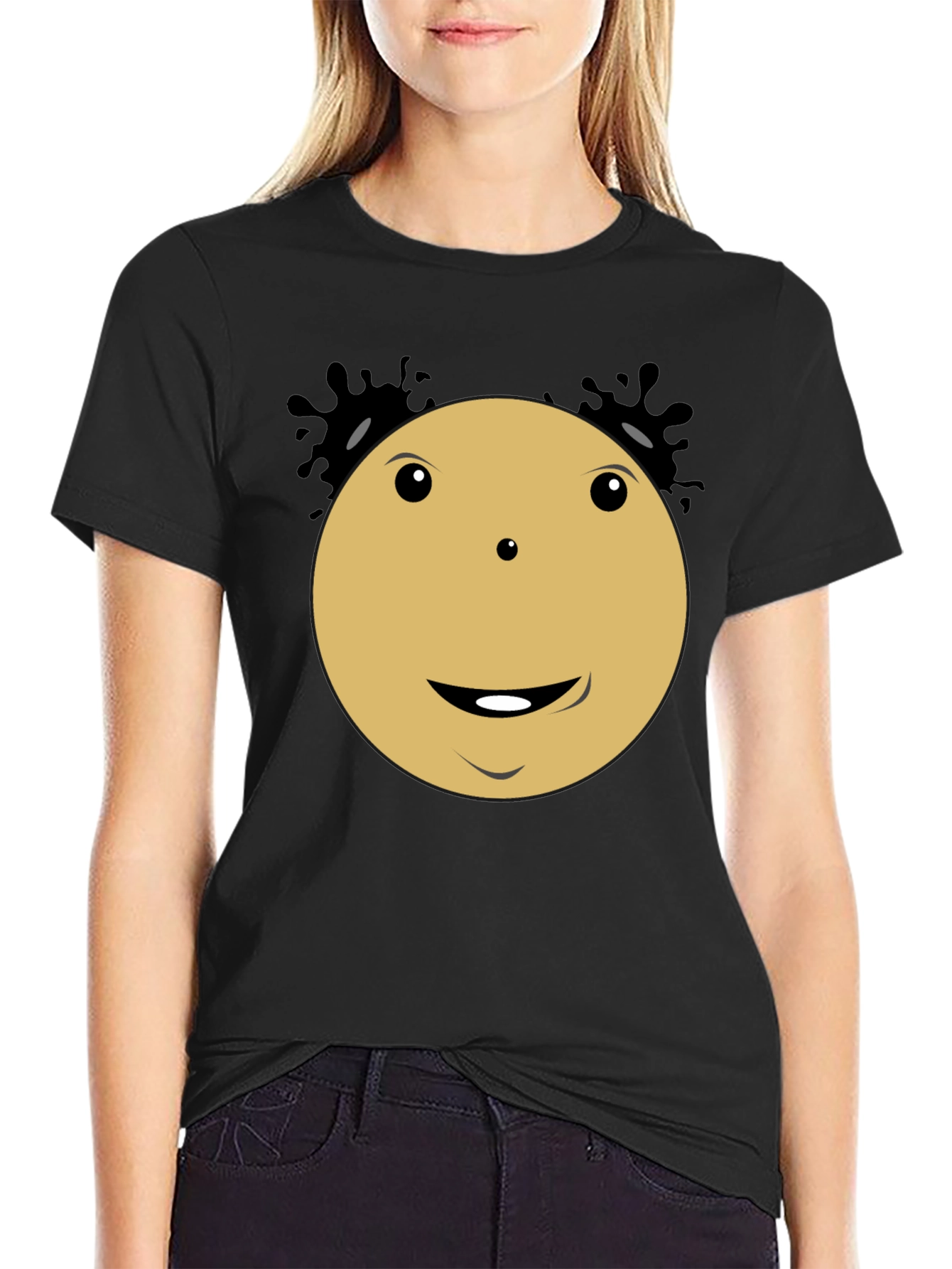 Black Smiley Face Cartoon Character Black T-Shirt view 2