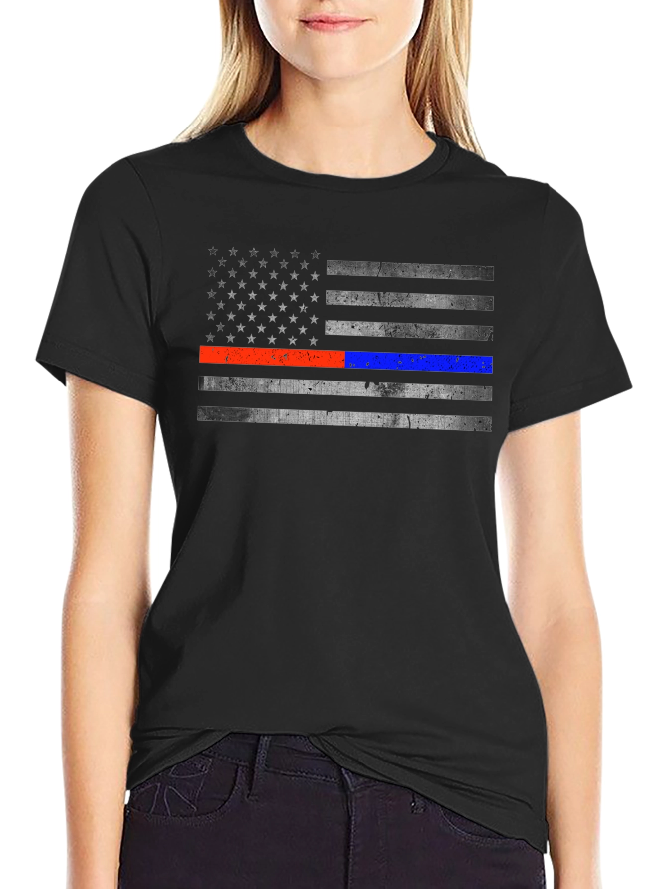 Black Distressed American Flag Line T-Shirt view 2