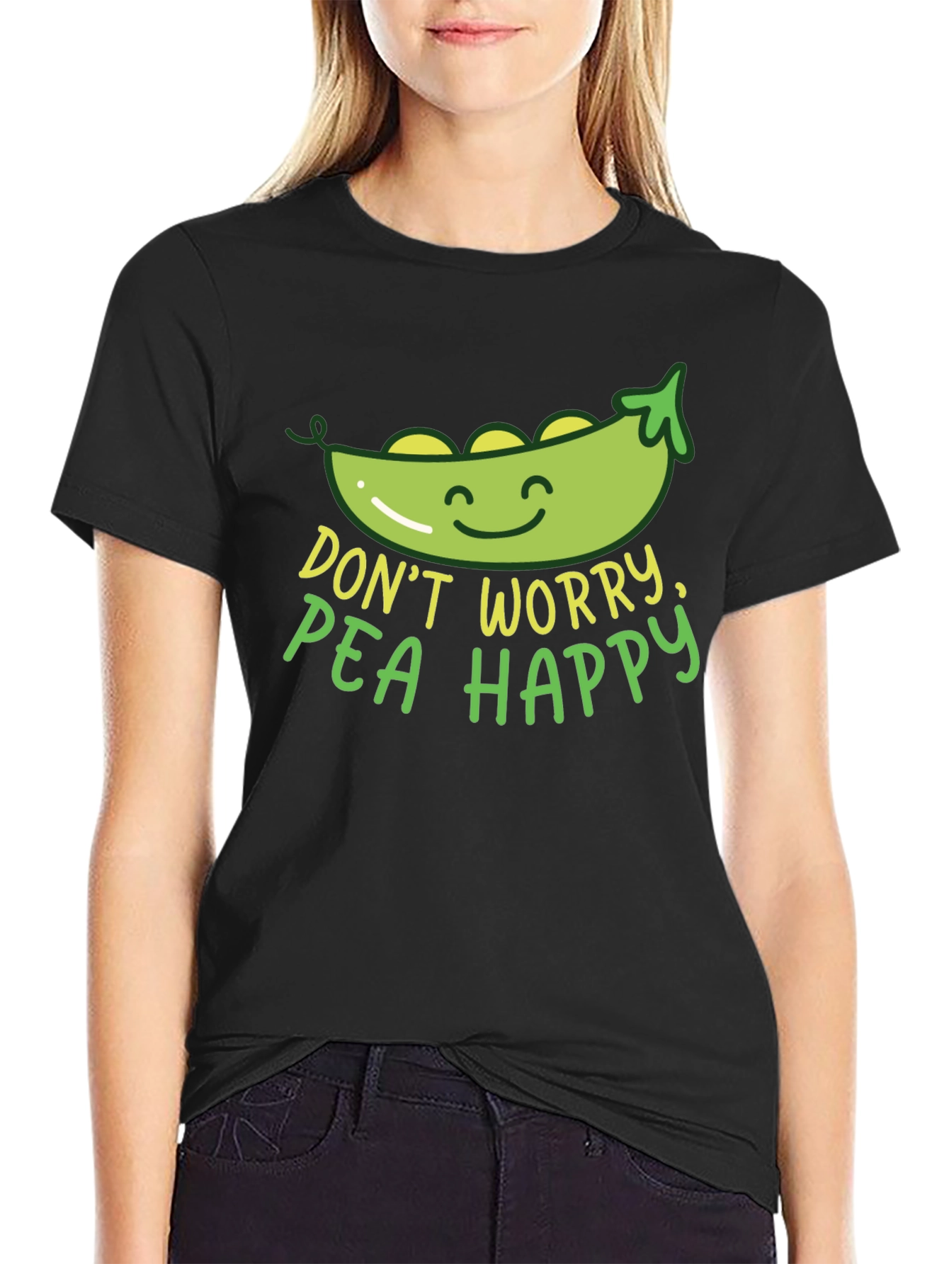 Black Don't Worry Pea Happy Graphic T-Shirt view 2