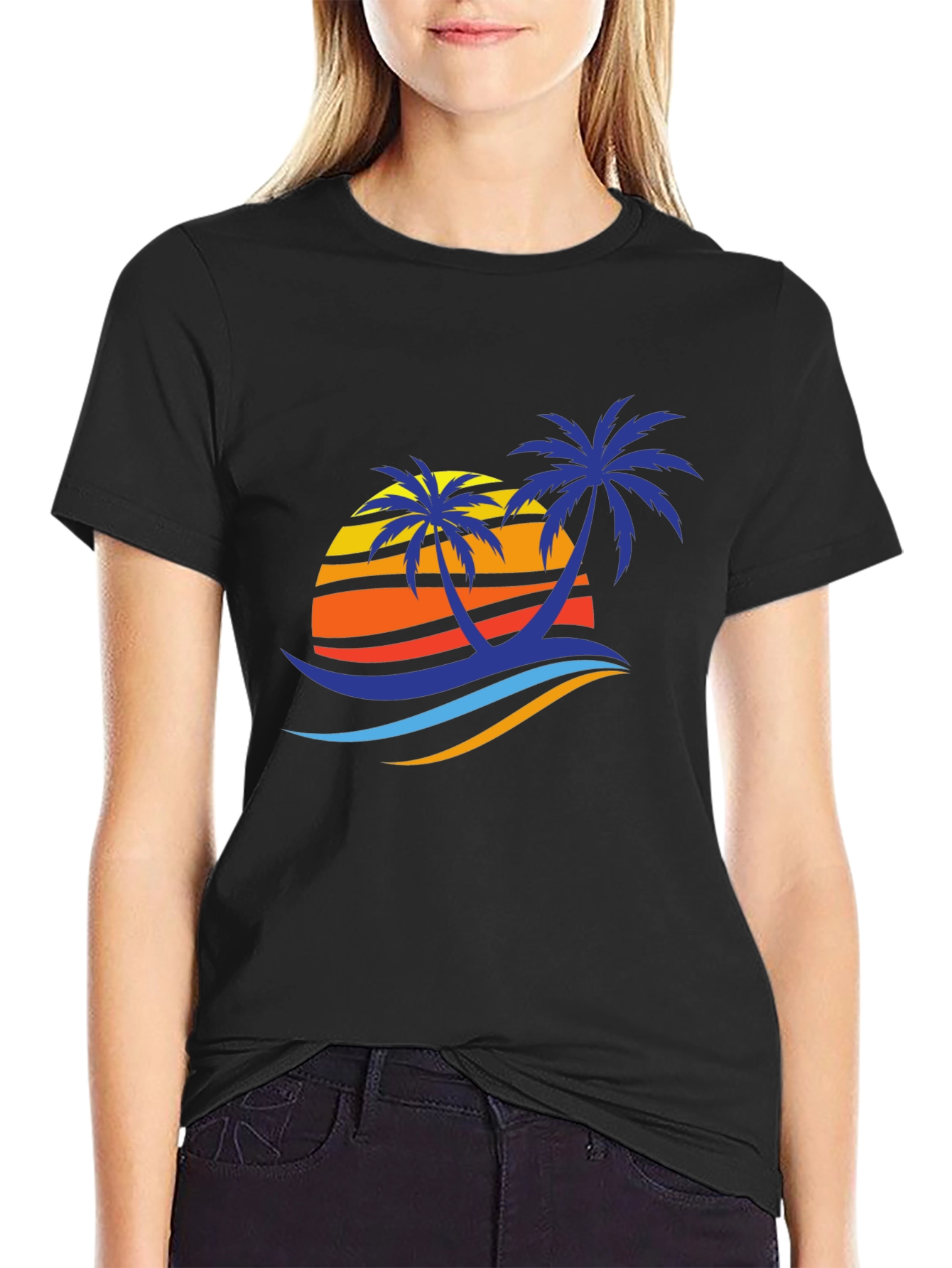 Black Tropical Palm Sunset Graphic Tee - Black Cotton Blend view 2