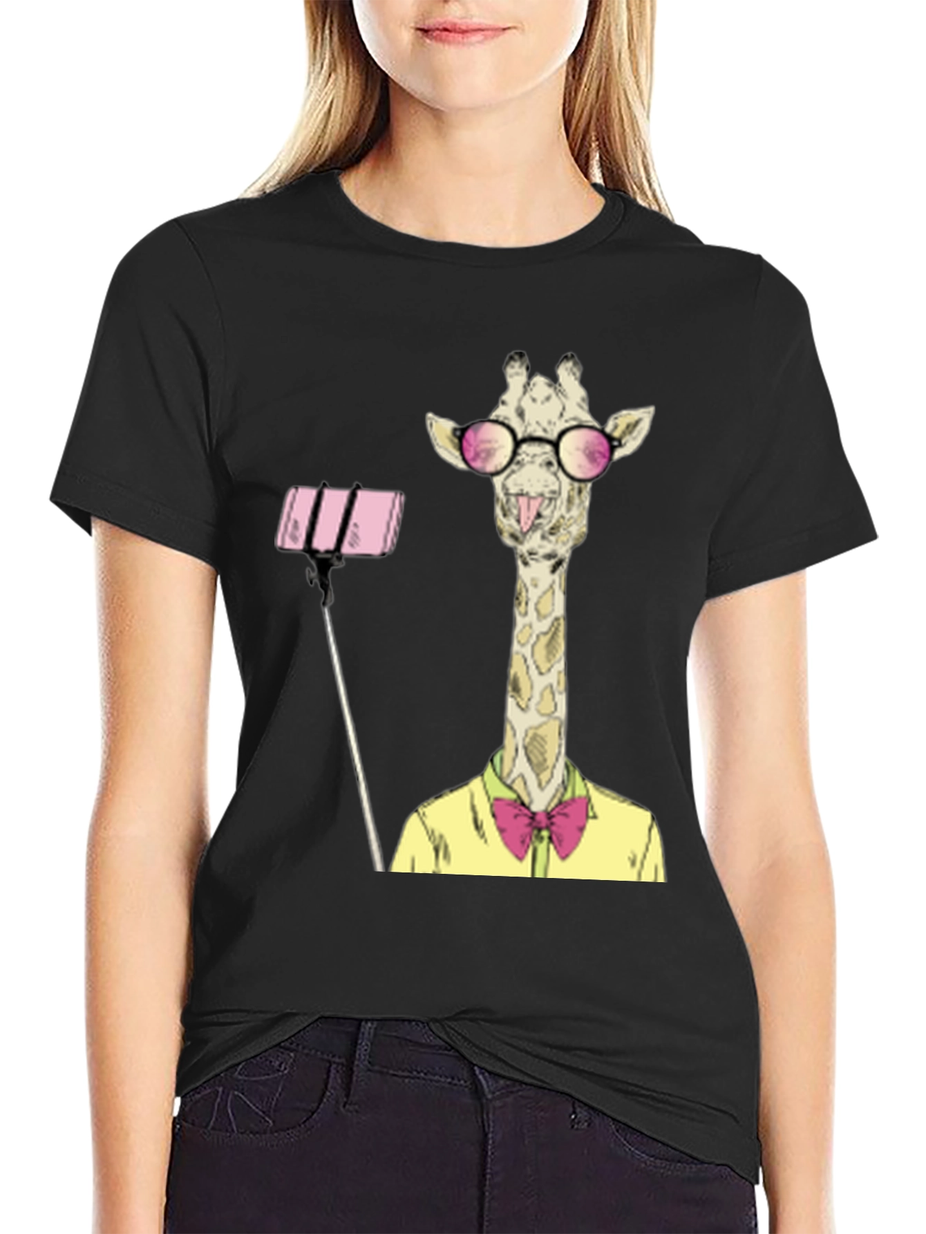 Black Giraffe Selfie Graphic T-Shirt - Unique Animal Design view 2