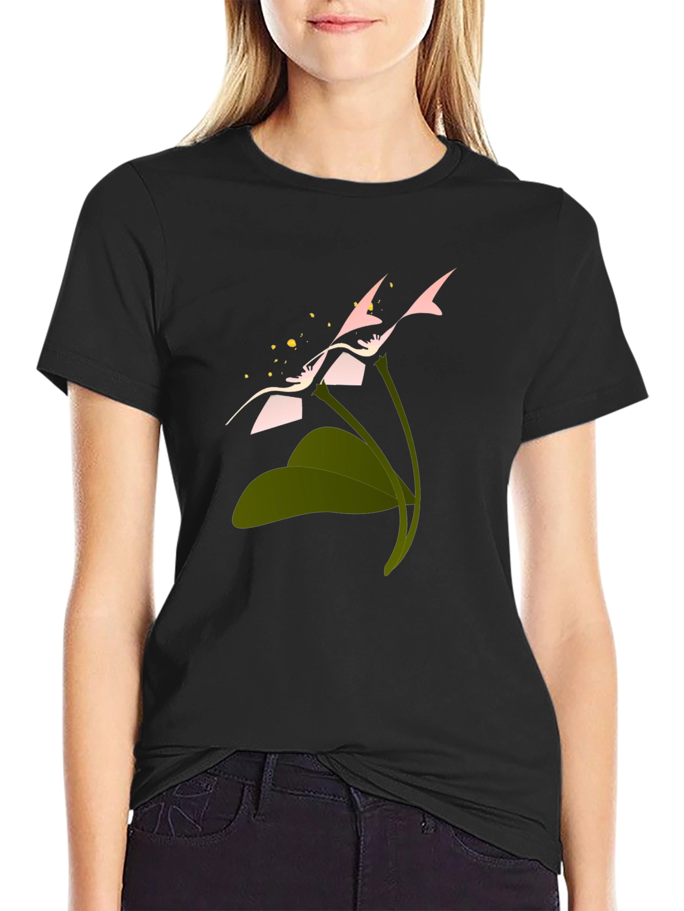 Black Stylish Black Tee with Floral Graphic view 2