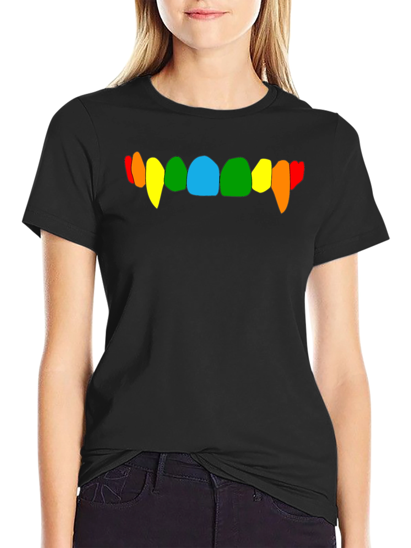 Black Rainbow Vampire Teeth Graphic Tee - Black Cotton T-Shirt view 2