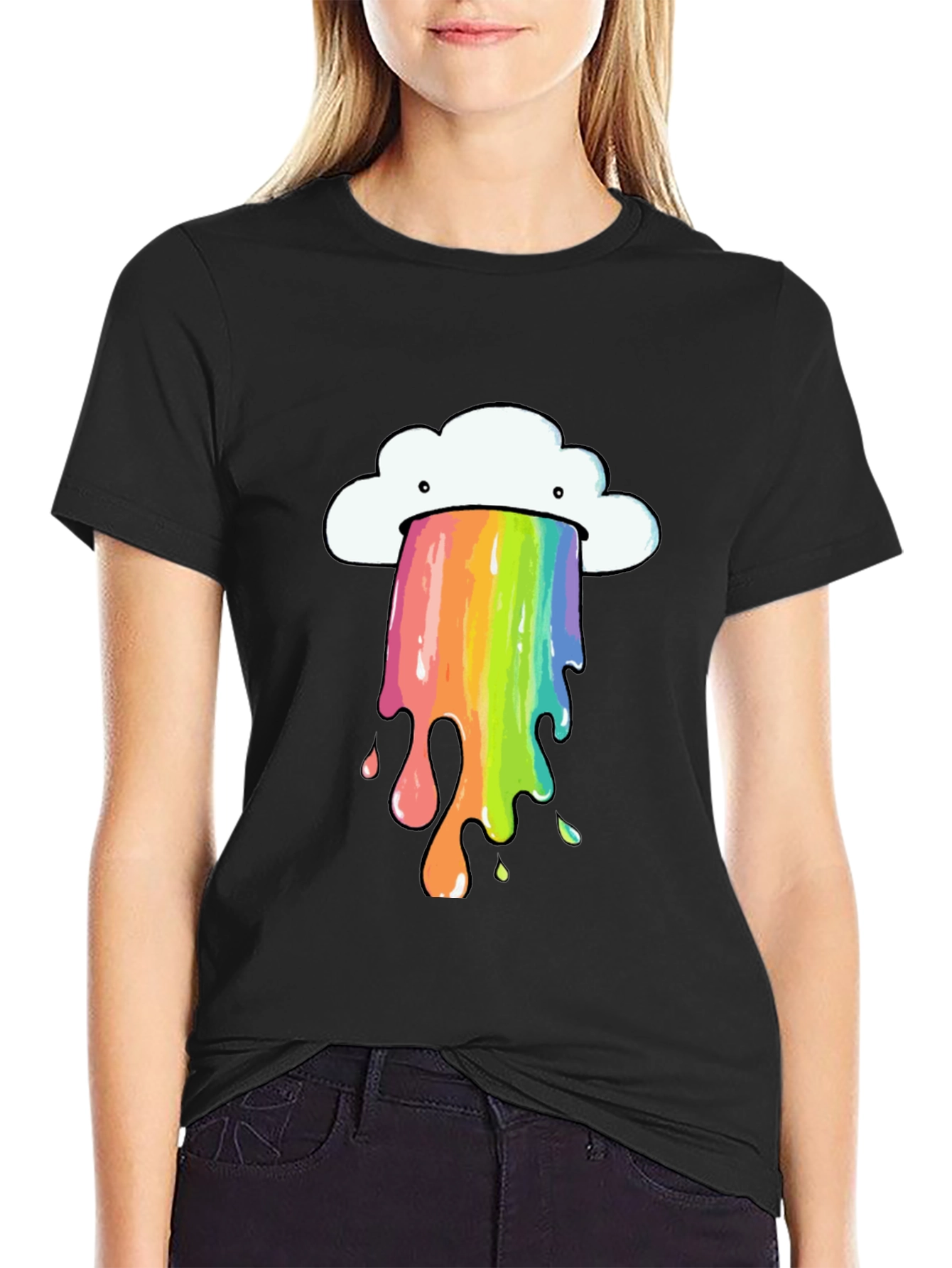 Black Rainbow Cloud Vomit Graphic Tee - Black Cotton T-Shirt view 2