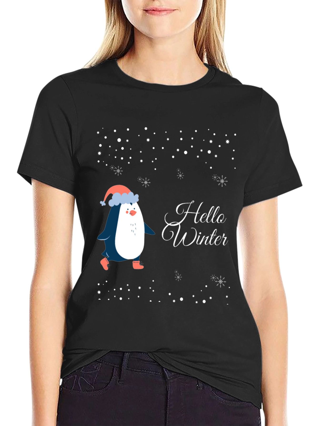 Black Hello Winter Penguin T-Shirt view 2