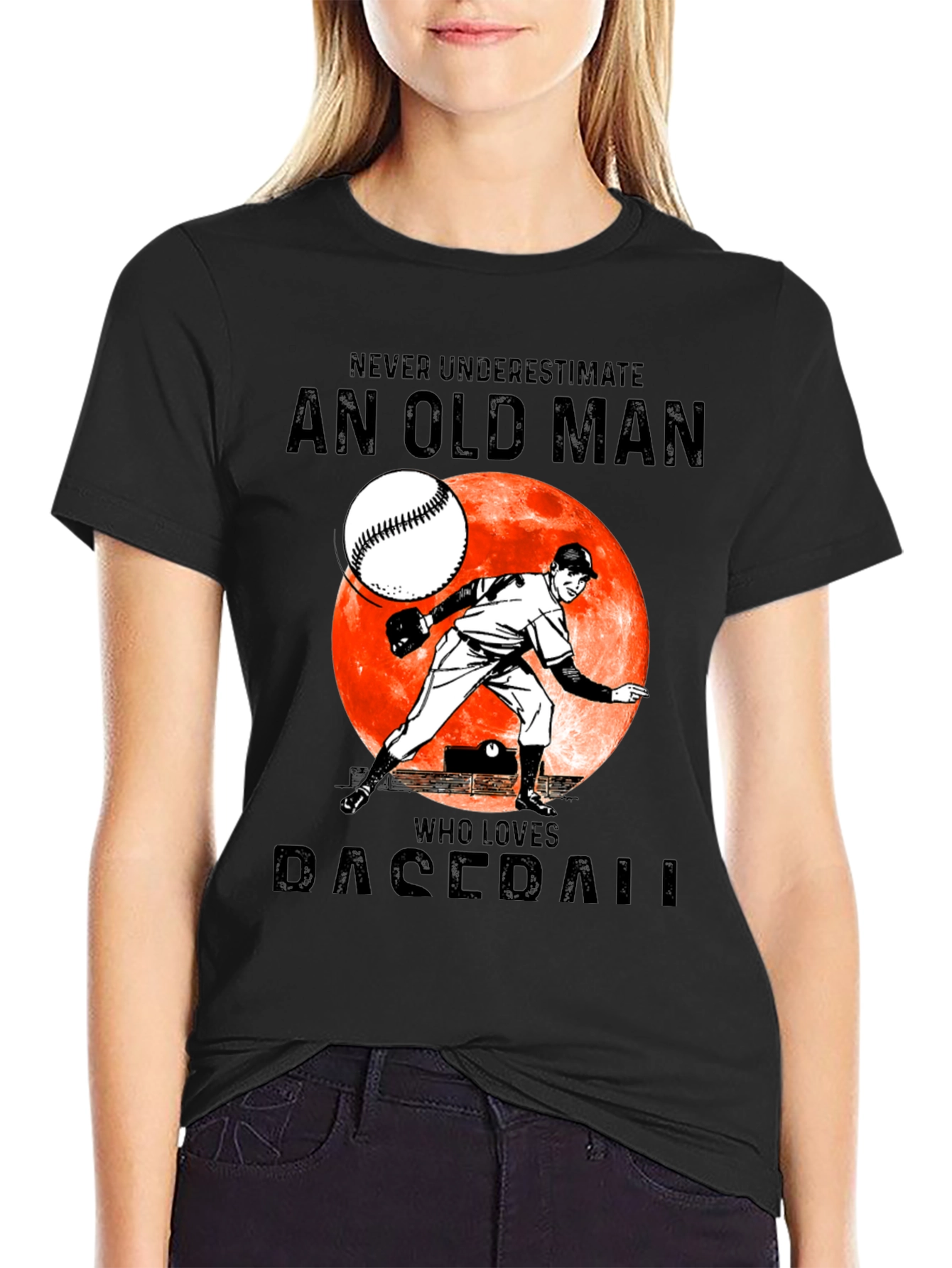 Black Never Underestimate Old Man Baseball T-Shirt view 2