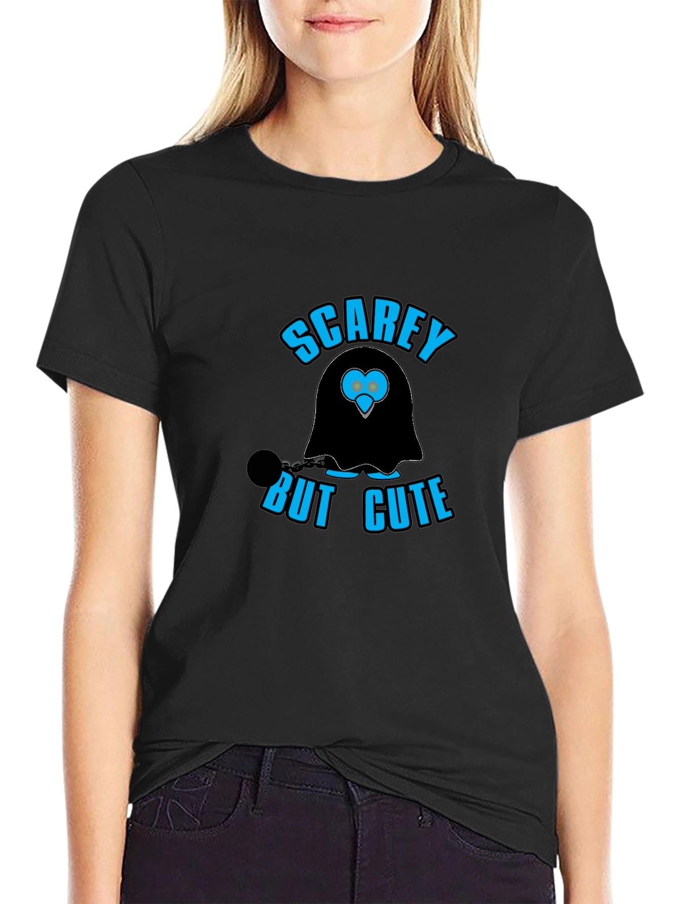 Black Scarey But Cute Ghost Graphic Black T-Shirt view 2