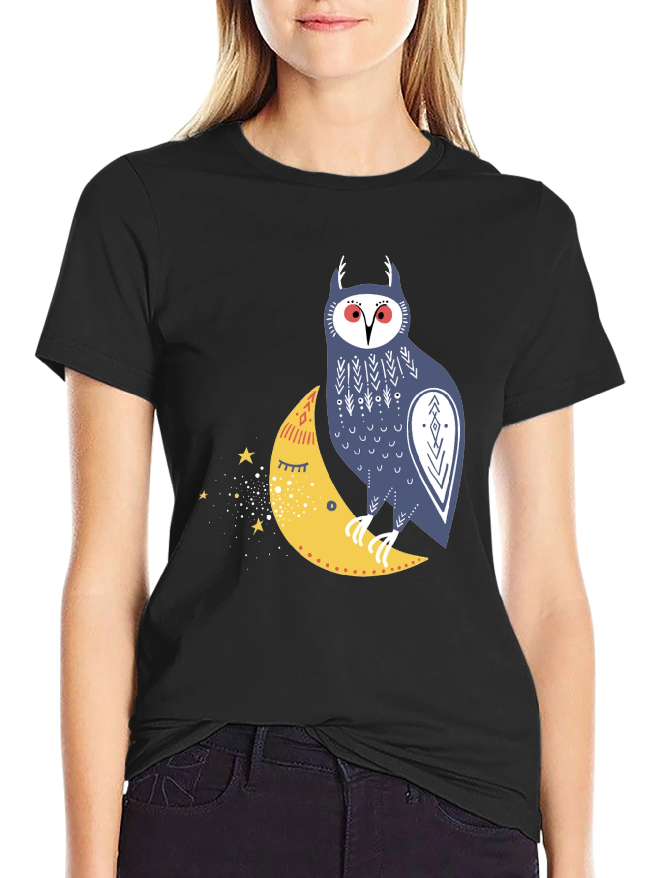 Black Owl on Moon Graphic T-Shirt - Black view 2
