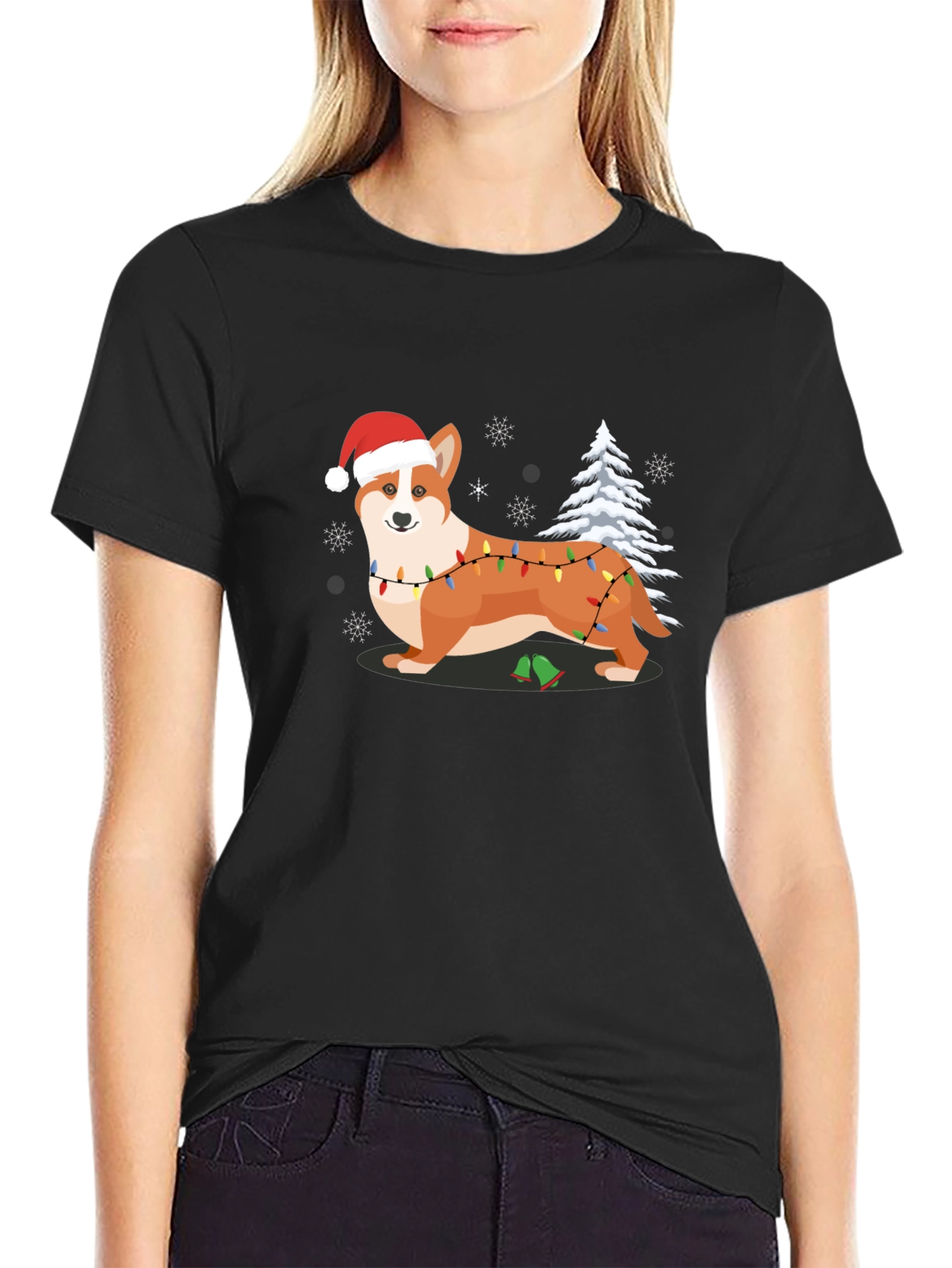 Black Festive Corgi Christmas T-Shirt view 2