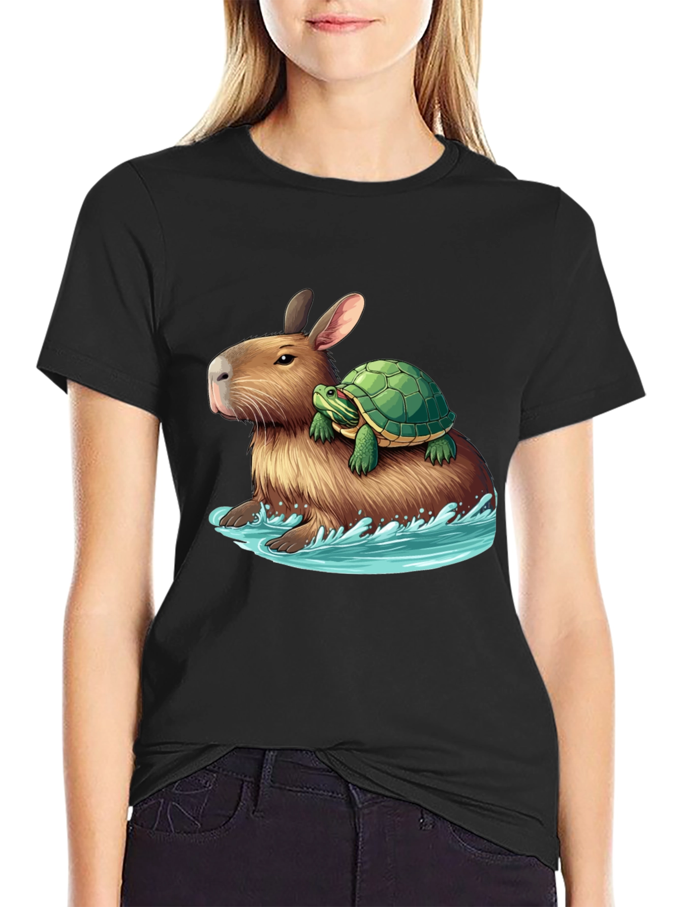 Black Capybara & Turtle Graphic Tee - Ride the Waves view 2