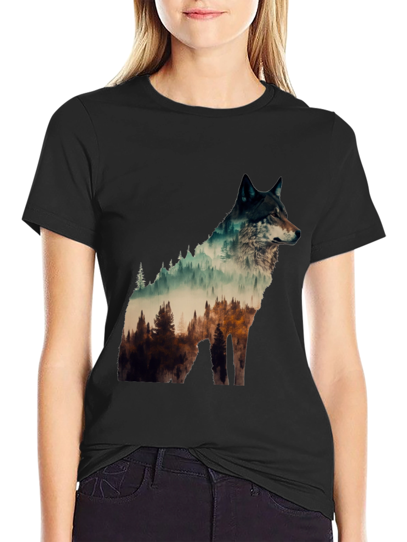 Black Wolf Forest Graphic Tee - Nature Lover's T-Shirt view 2