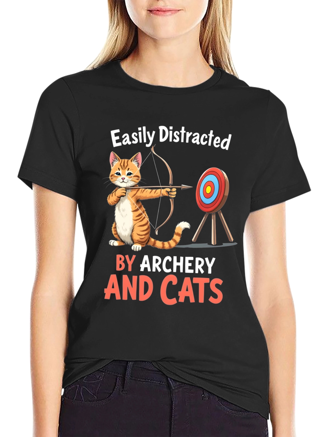 Black Easily Distracted By Archery And Cats T-Shirt view 2
