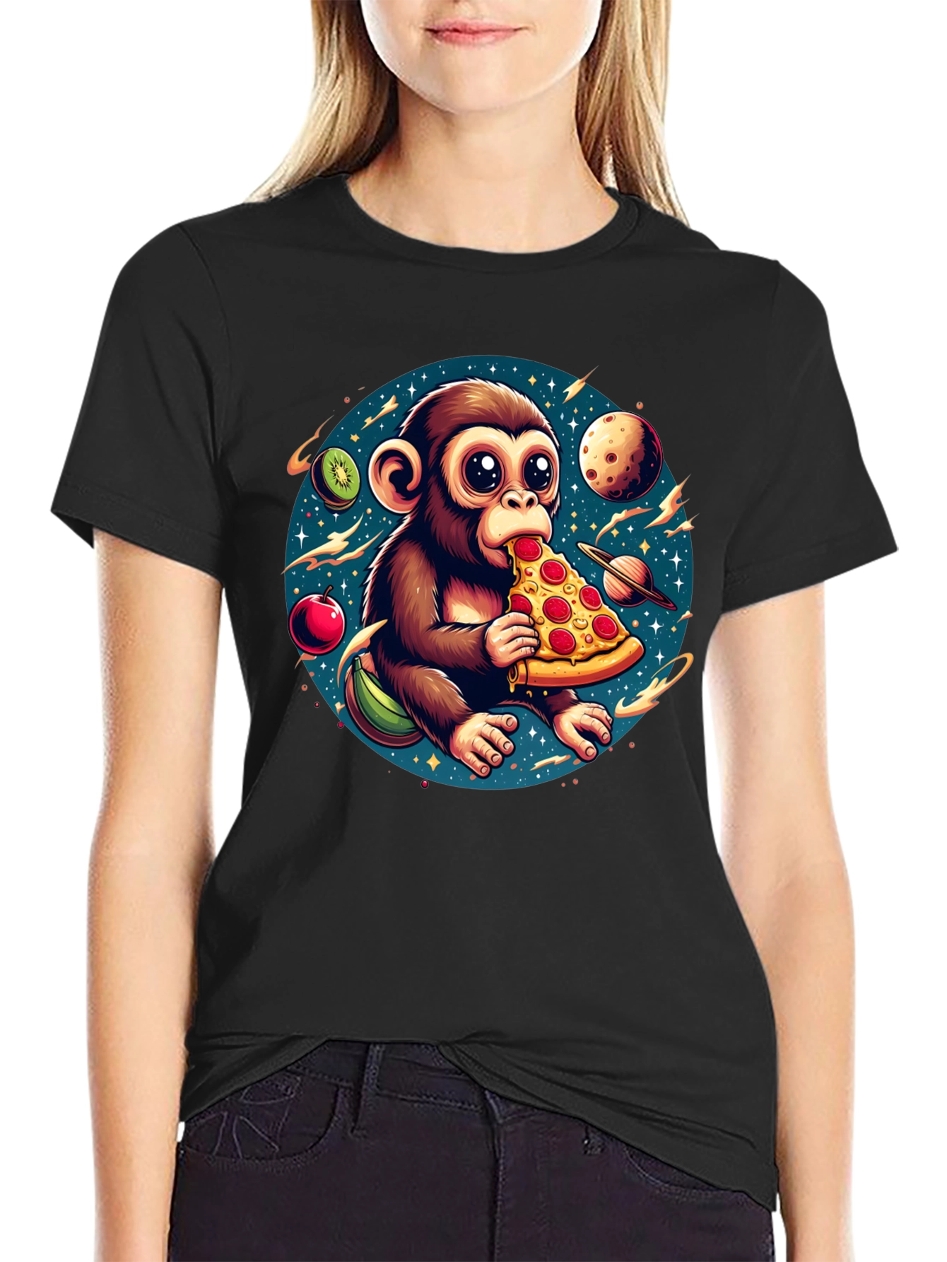 Black Monkey Eating Pizza in Space T-Shirt view 2