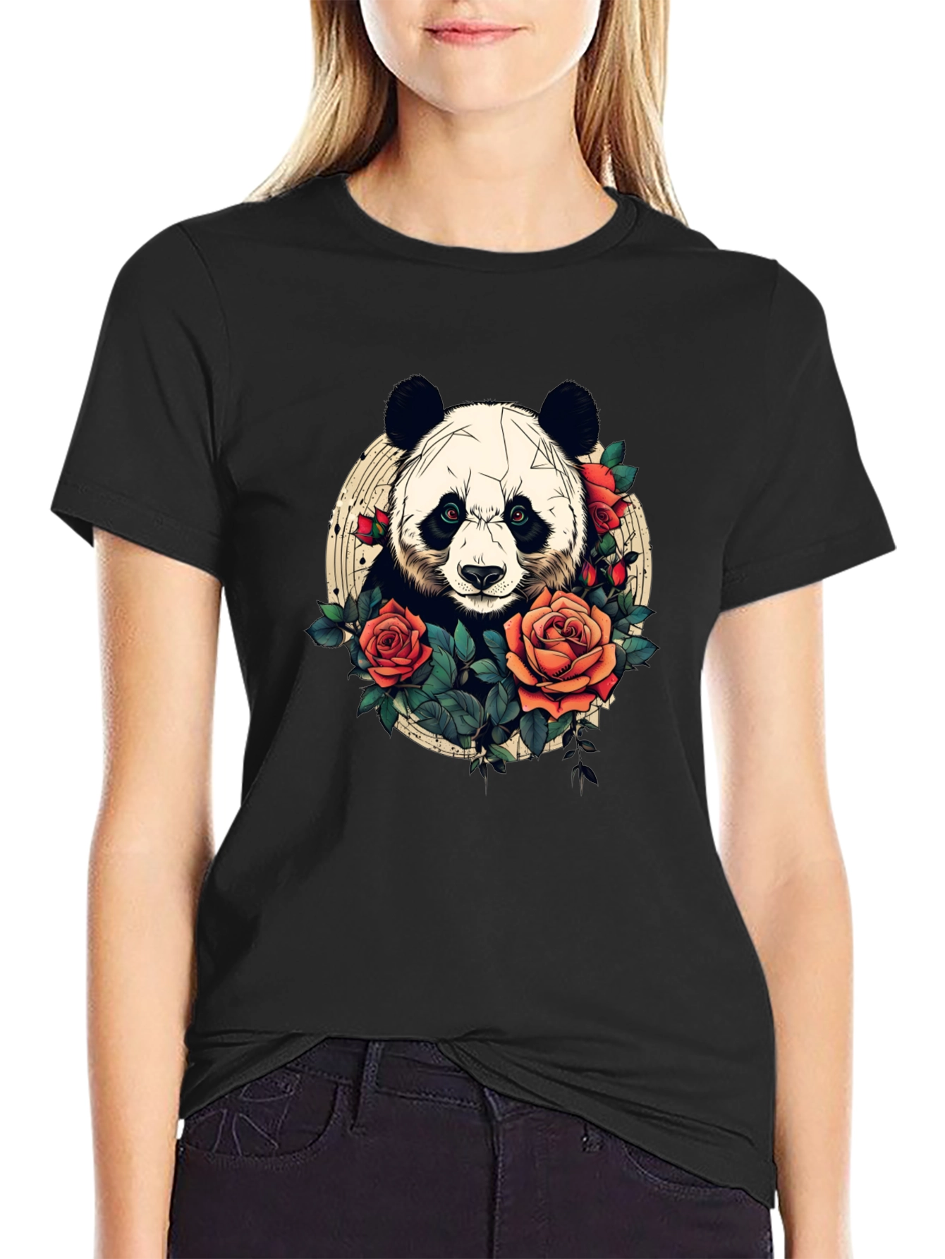 Black Panda Rose Graphic Tee - Black Crew Neck Casual T-Shirt view 2