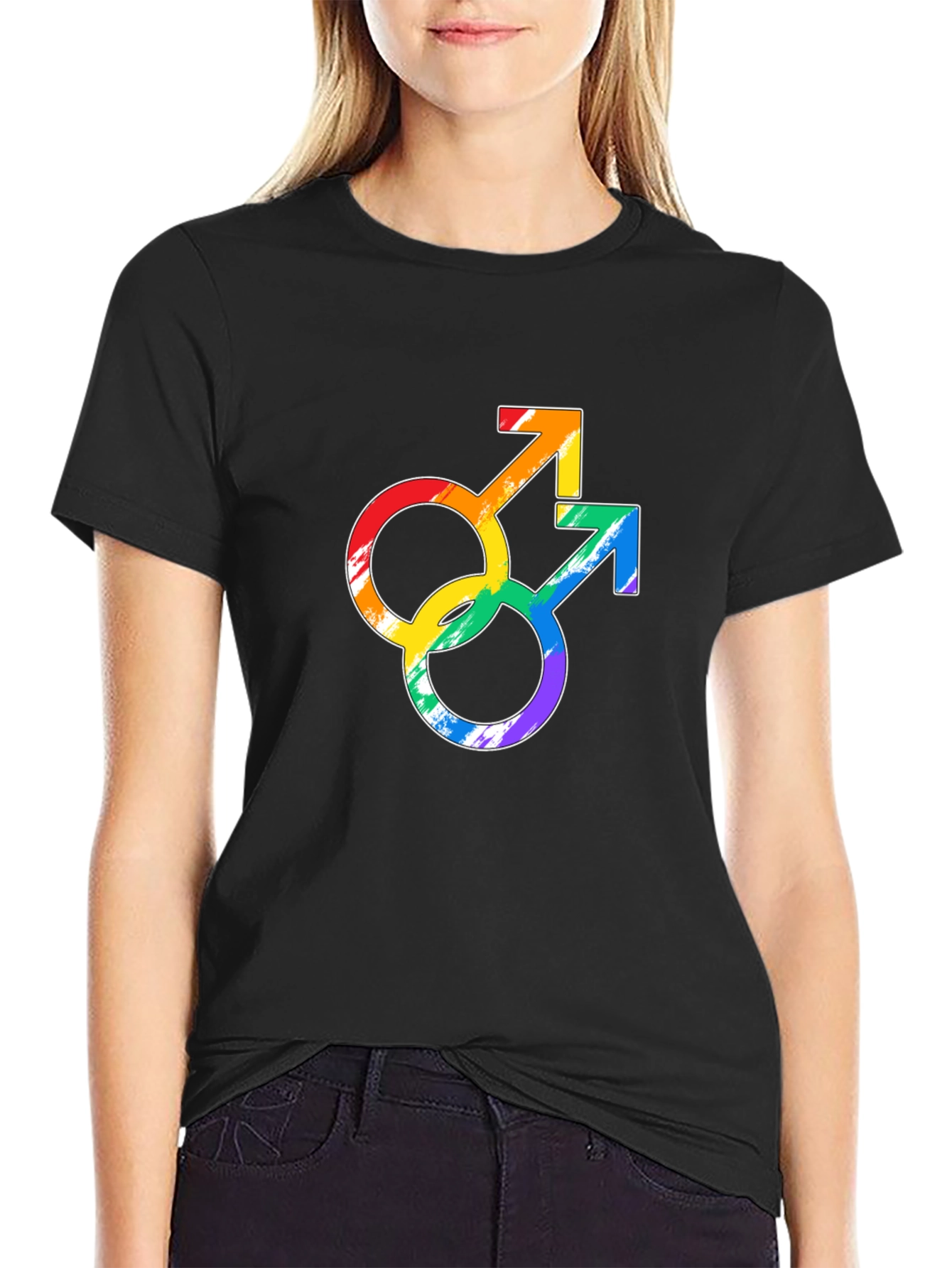 Black Rainbow Gay Pride Double Mars Symbol Black T-Shirt view 2