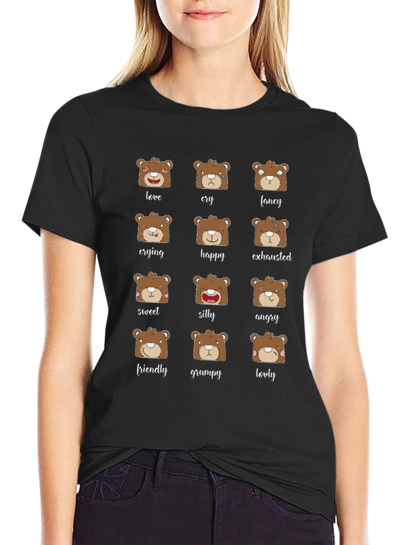 Black Emotional Bear T-Shirt - Cute Expressions Graphic Tee view 2