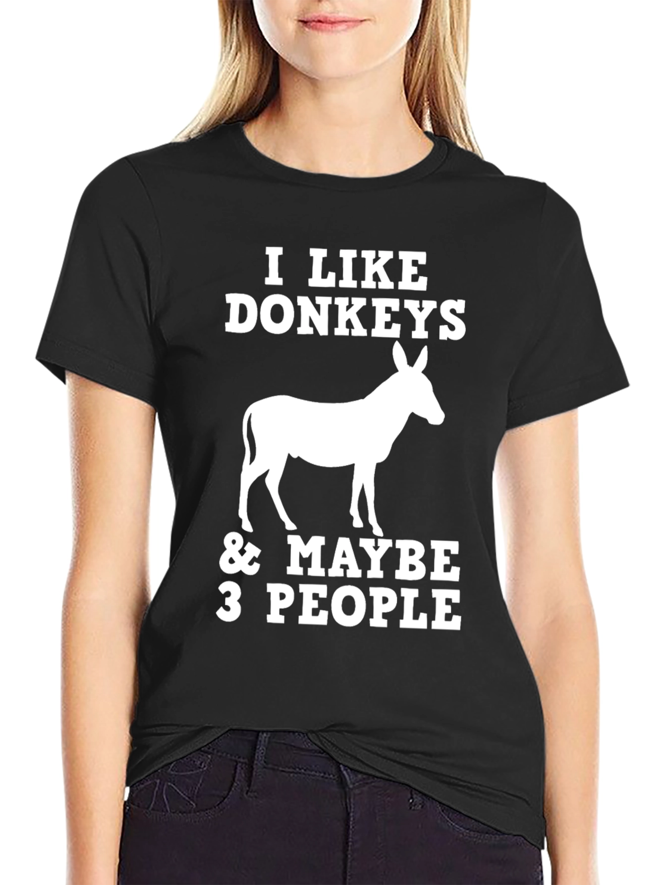 Black I Like Donkeys & Maybe 3 People T-Shirt - Funny Animal Tee view 2