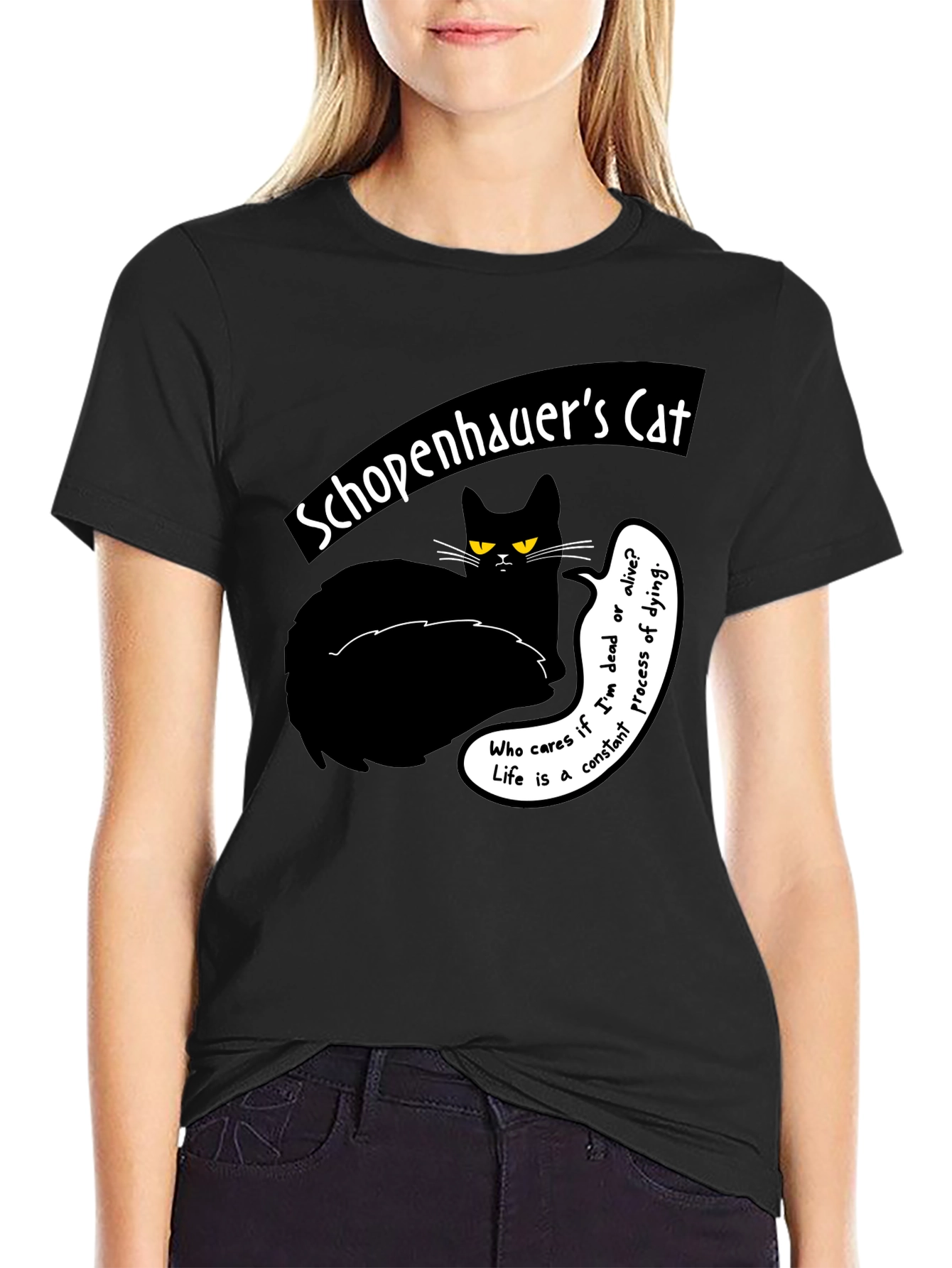 Black Schopenhauer's Cat Graphic Tee - Philosophical Humor T-Shirt view 2