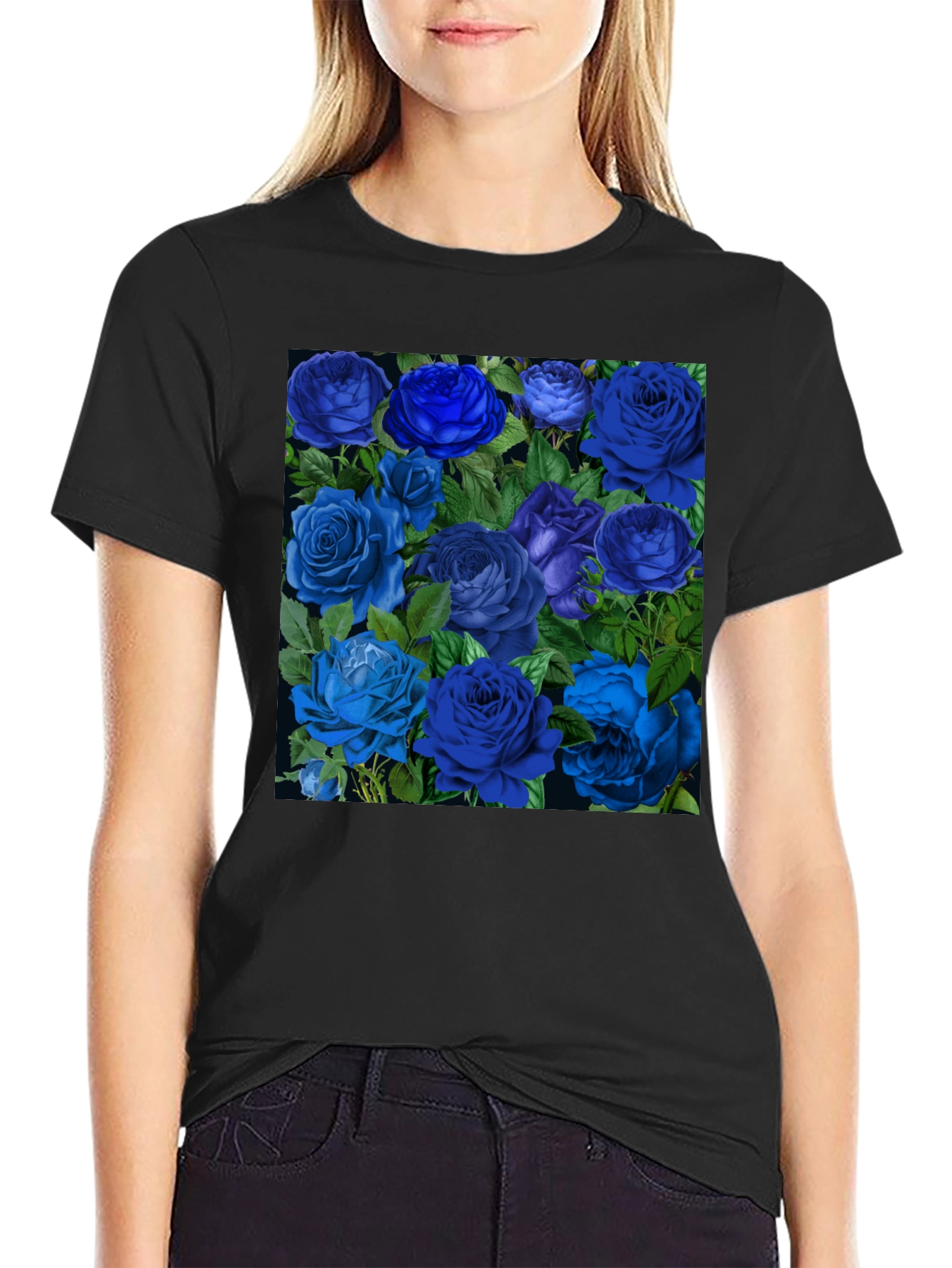 Black Blue Roses Graphic Print Tee - Black view 2