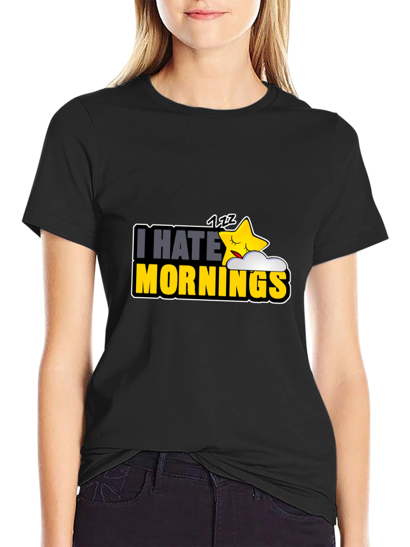 Black I Hate Mornings Graphic T-Shirt - Funny Sleepy Star Design view 2