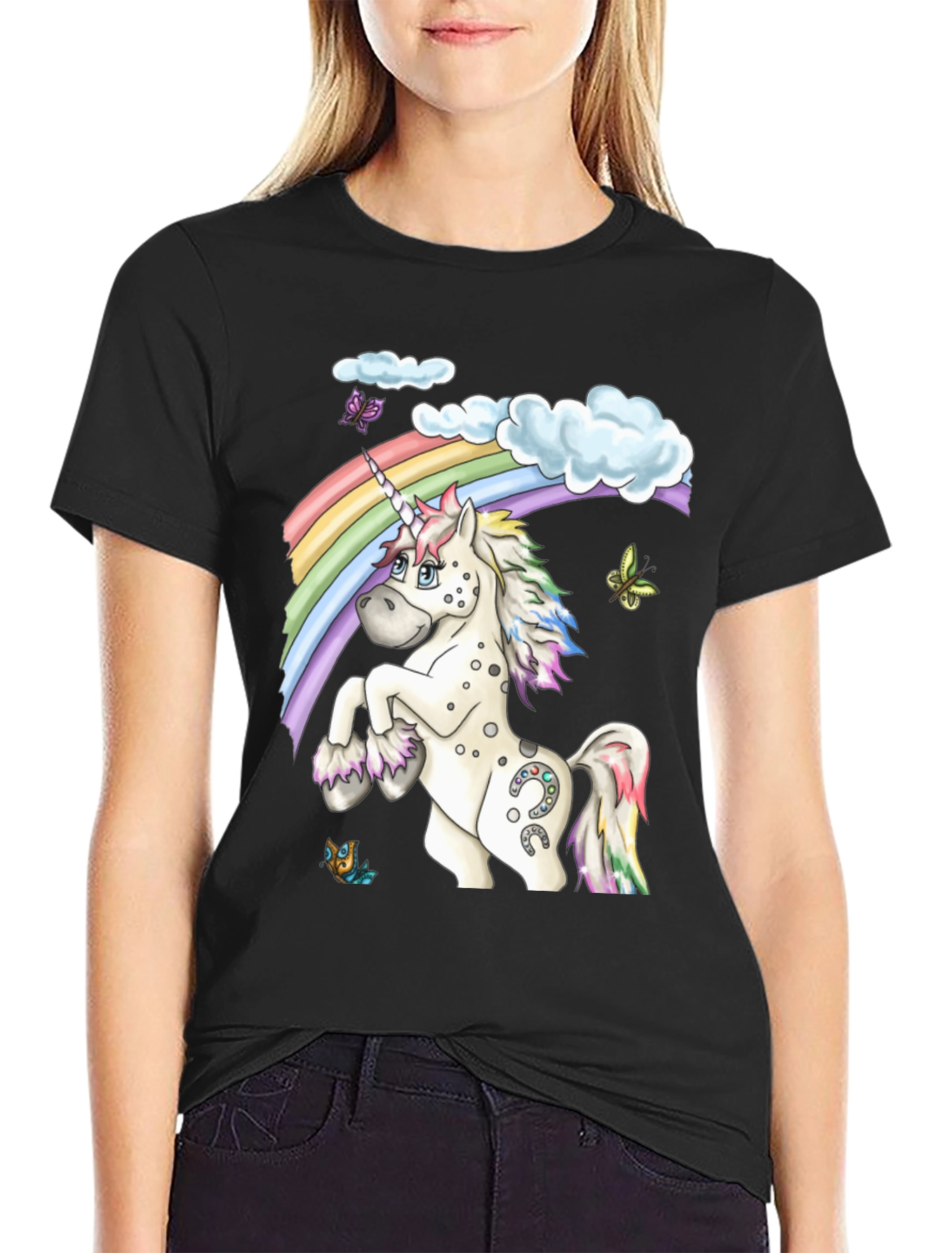 Black Unicorn Rainbow Graphic Tee - Black Casual Shirt view 2
