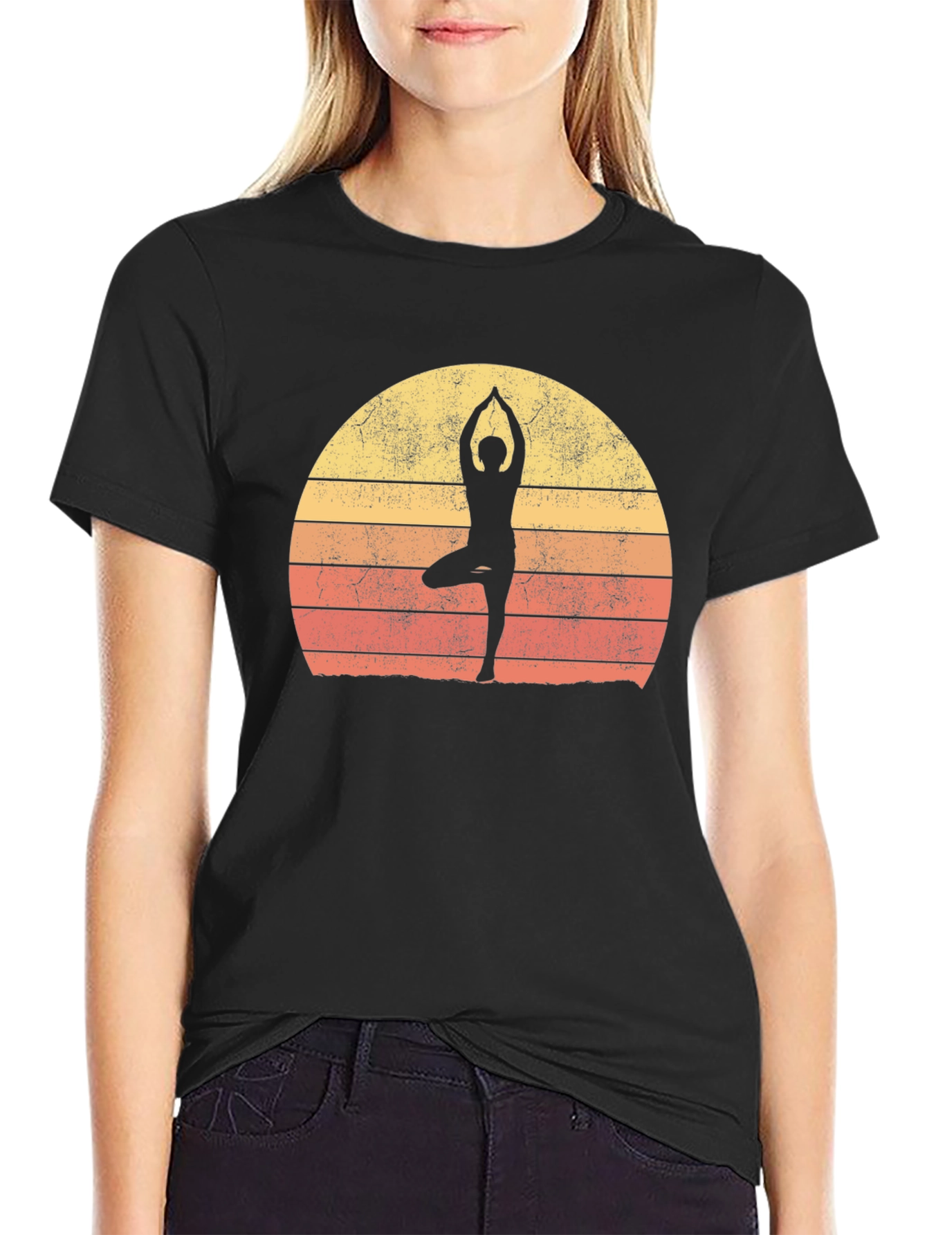 Black Yoga Silhouette Retro Sunset Graphic T-Shirt view 2