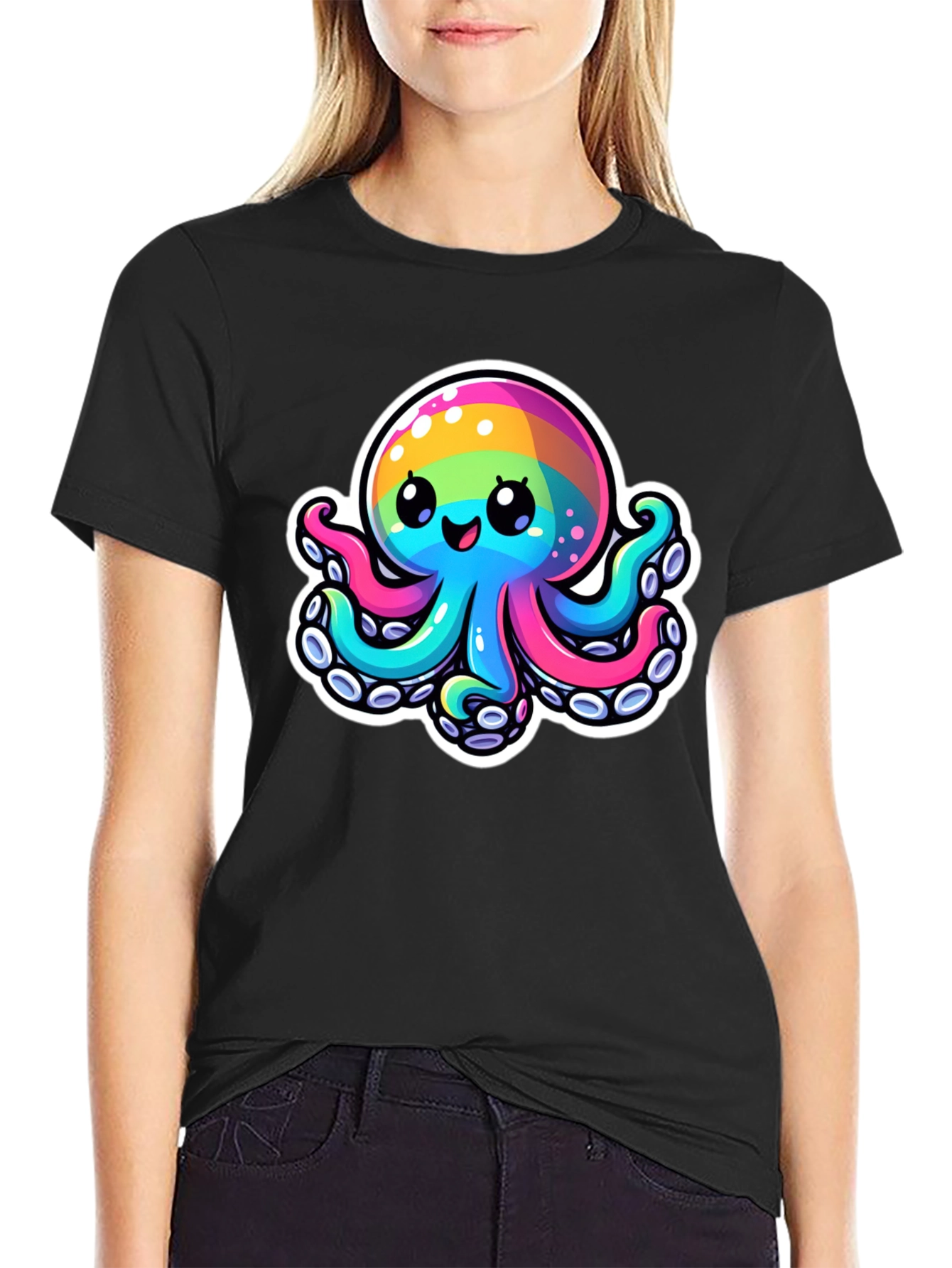 Black Rainbow Octopus Graphic Tee - Unique Colorful Design view 2