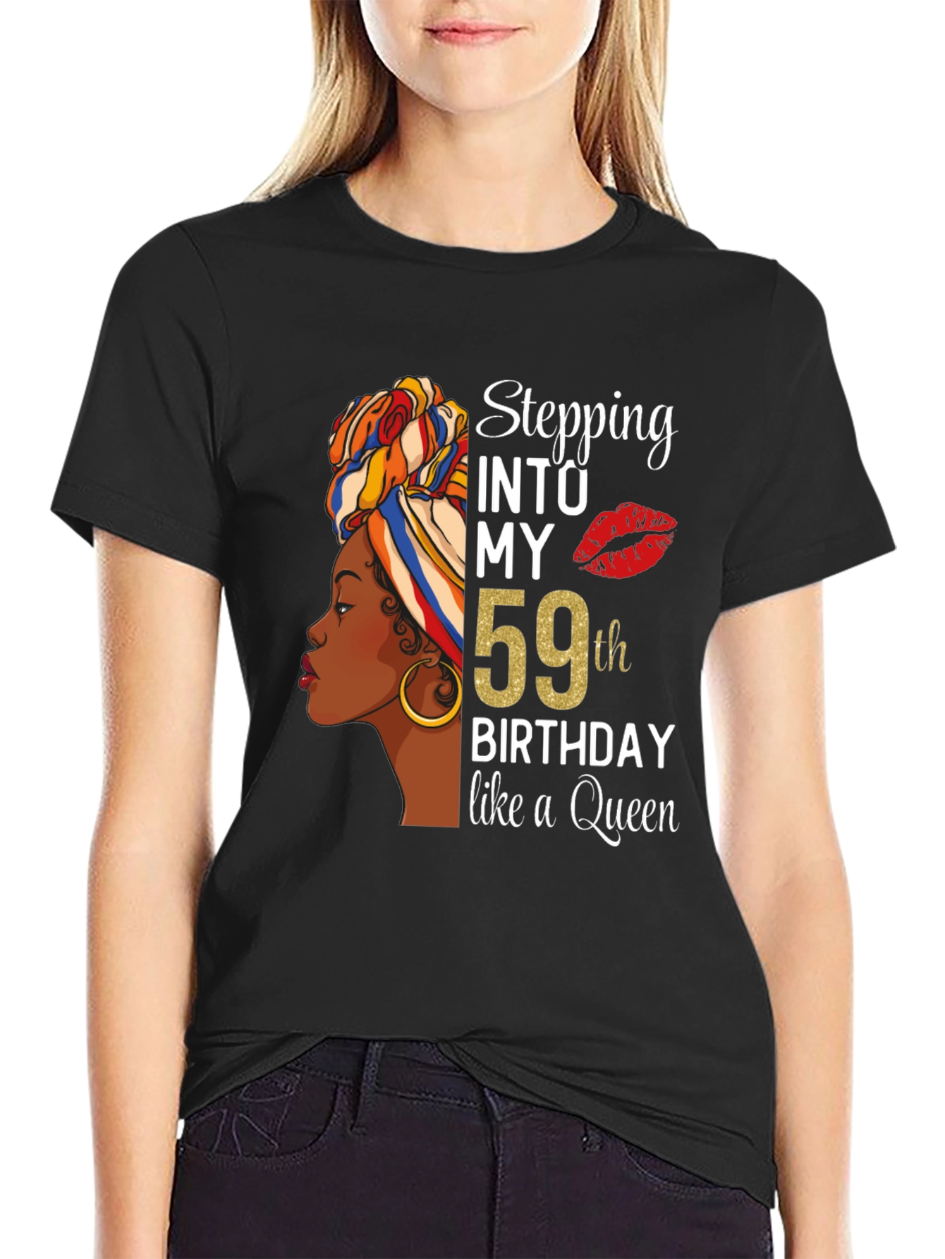 Black Stepping Into My 59th Birthday Queen T-Shirt view 2