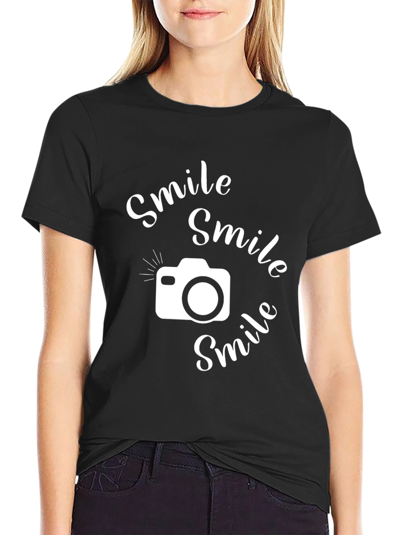 Black Smile Camera Graphic T-Shirt - Casual Black Tee view 2