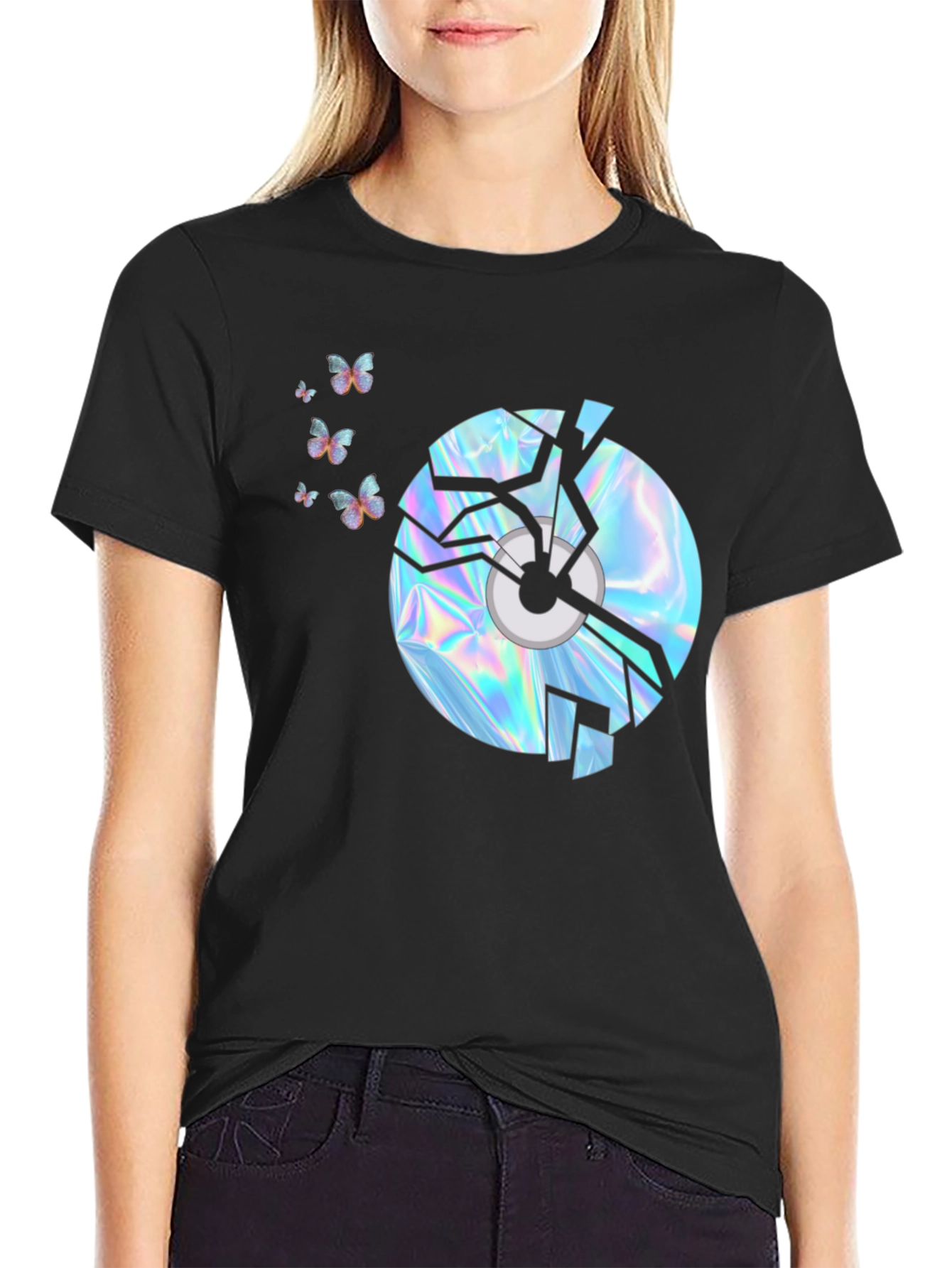 Black Broken CD Graphic Tee - Holographic Butterflies Design view 2
