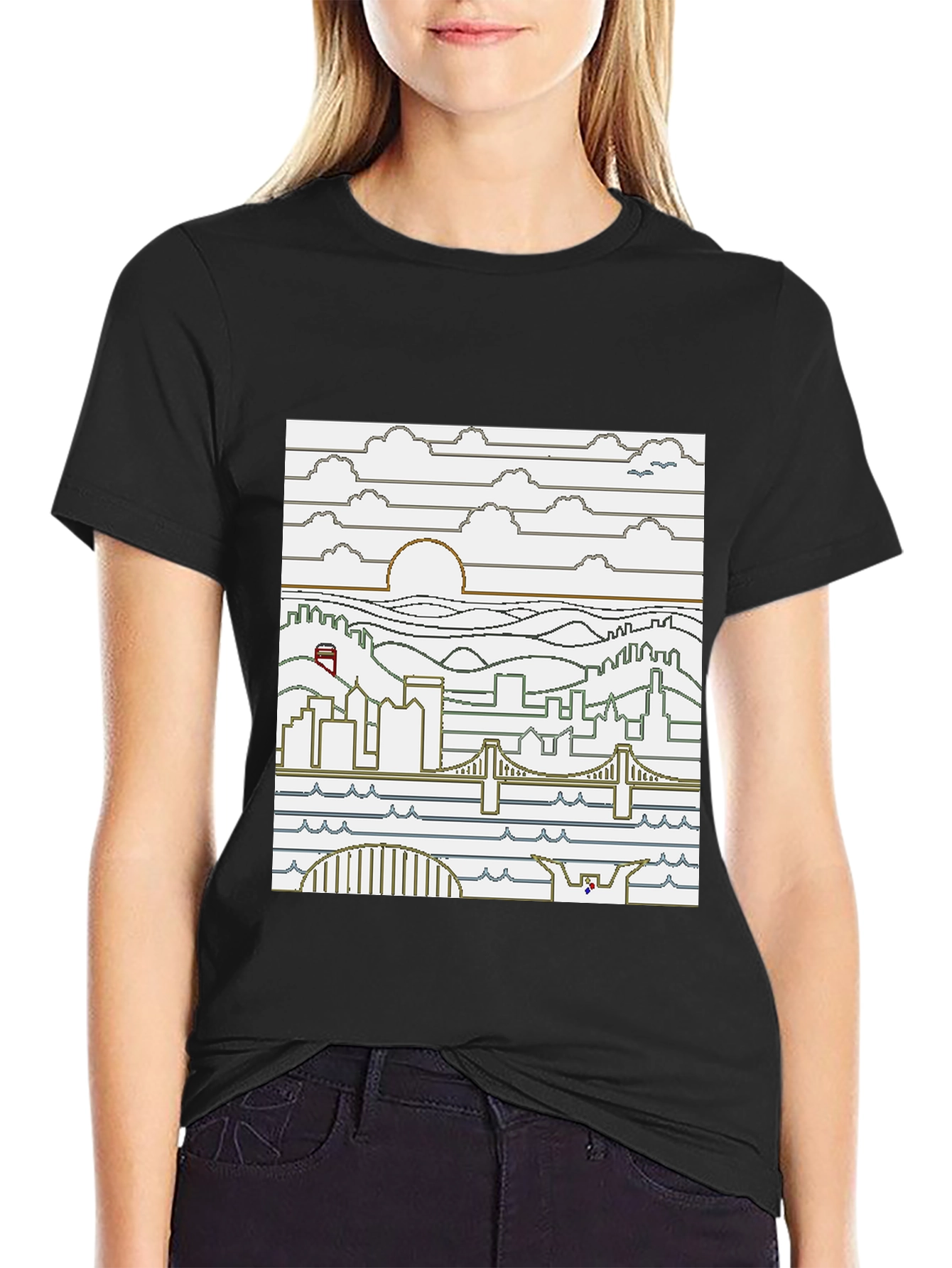 Black Pixel Art Cityscape T-Shirt - Graphic Novel Tee view 2