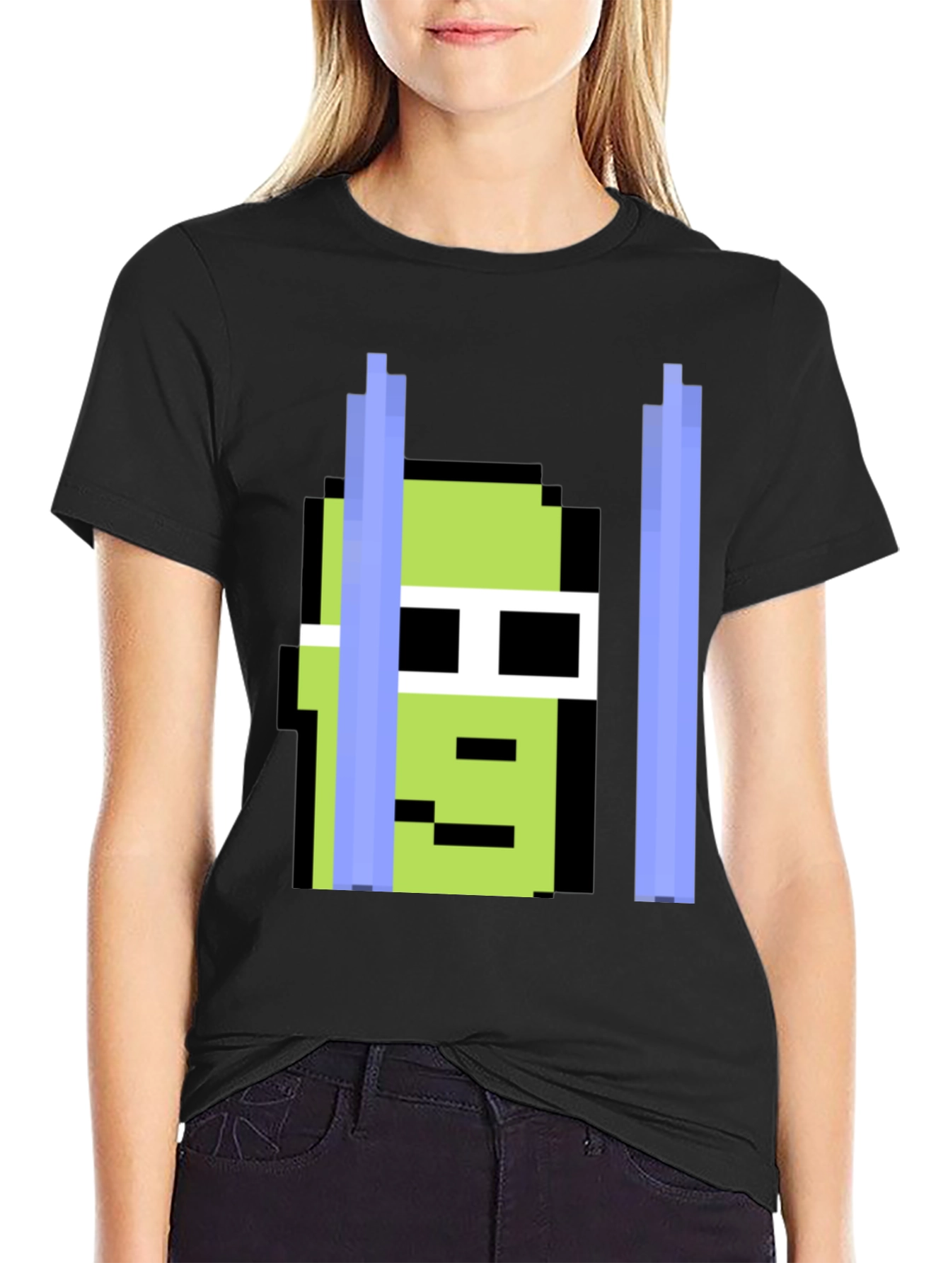 Black Pixelated Green Character Tee view 2