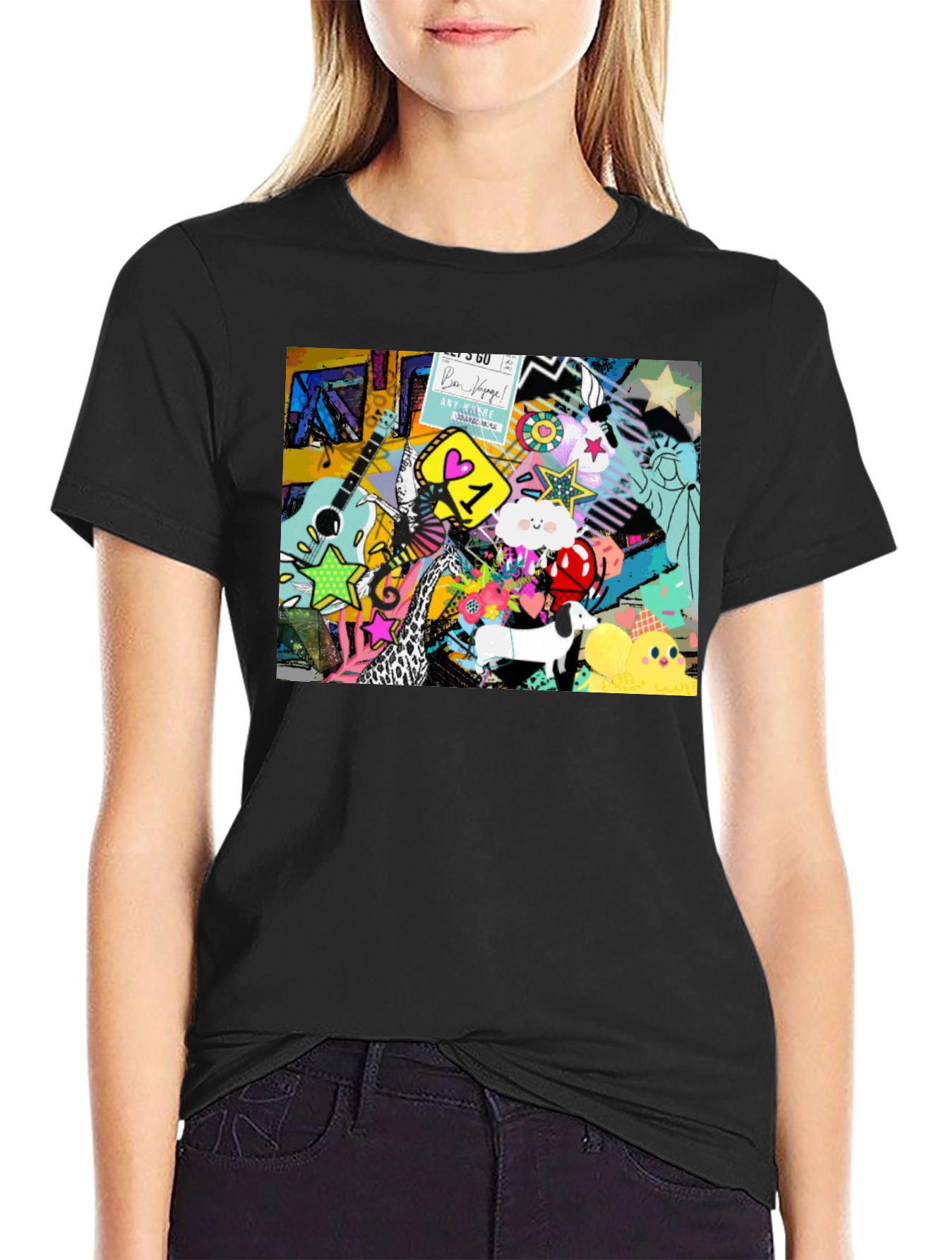 Black Funky Art Print Black Cotton T-Shirt view 2