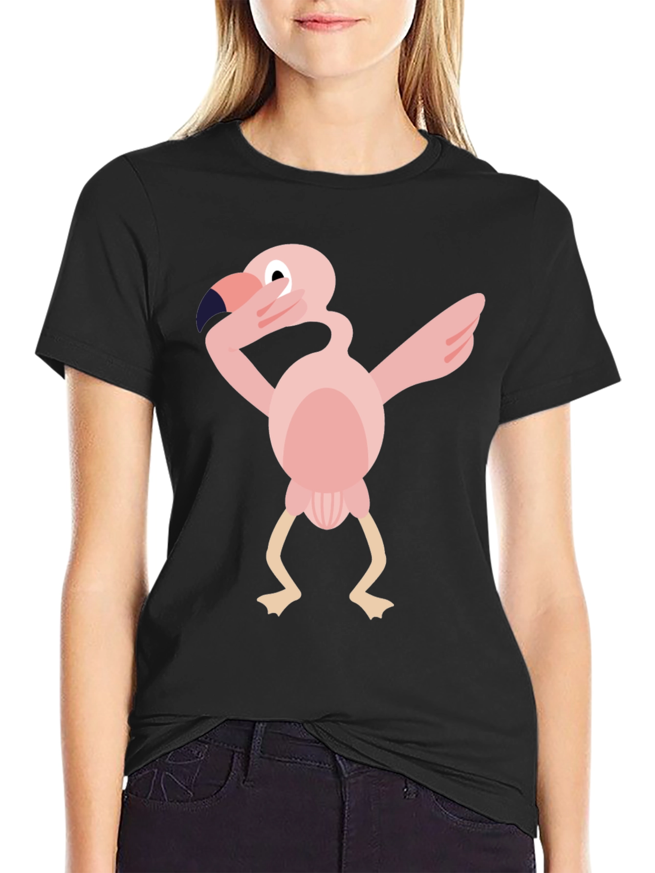 Black Dabbing Flamingo Graphic Tee - Black Cotton T-Shirt view 2