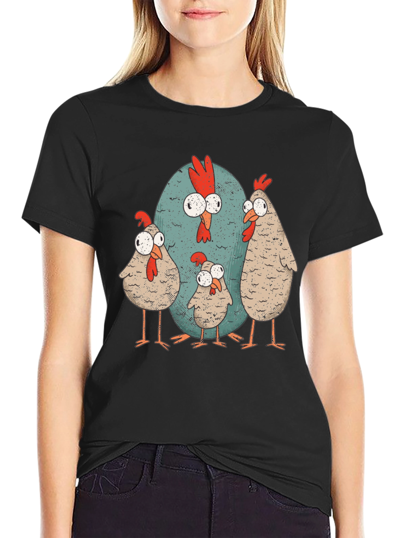 Black Funny Chicken Family Graphic Tee - Quirky Casual Wear view 2
