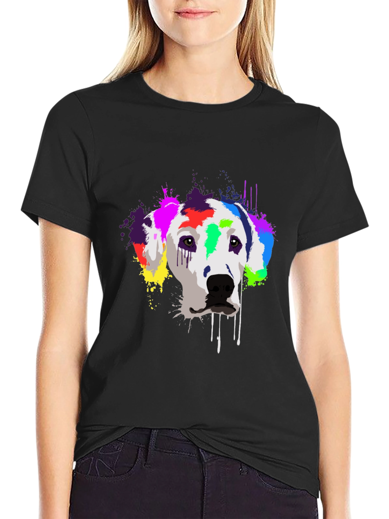 Black Colorful Dalmatian Dog Graphic T-Shirt - Black view 2