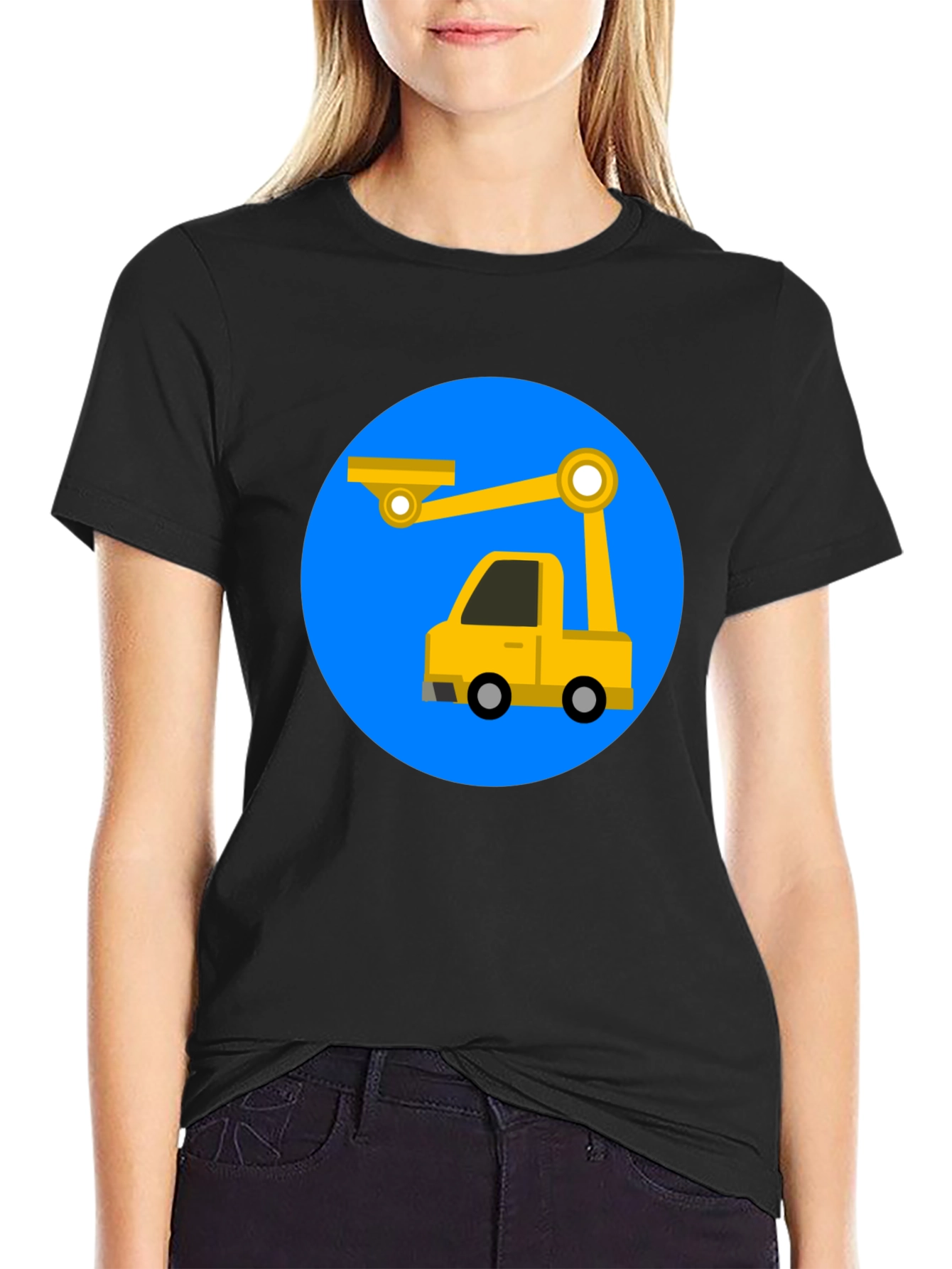 Black Cartoon Crane Truck T-Shirt - Black view 2
