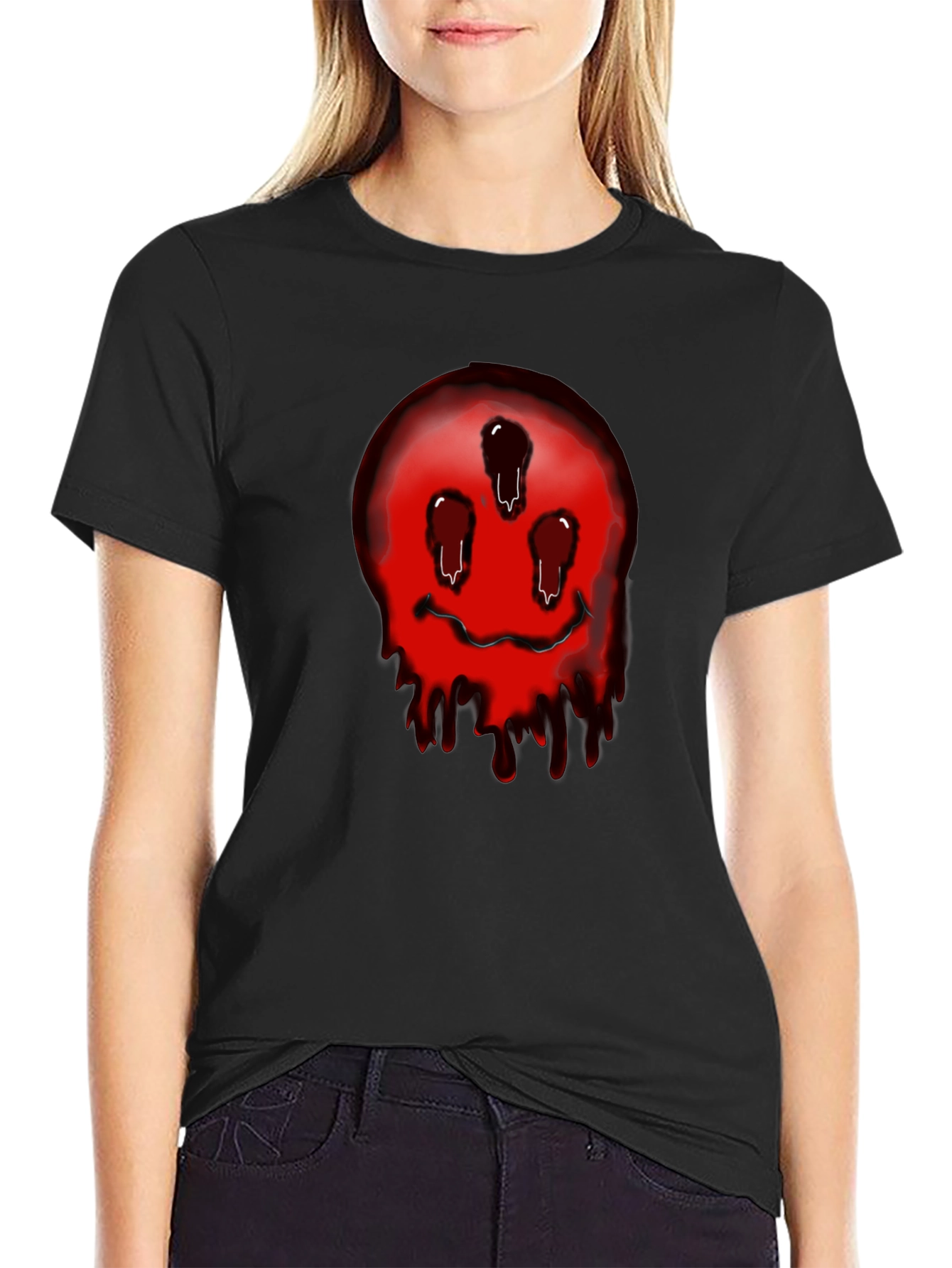 Black Dripping Smiley Face Graphic Tee - Black view 2