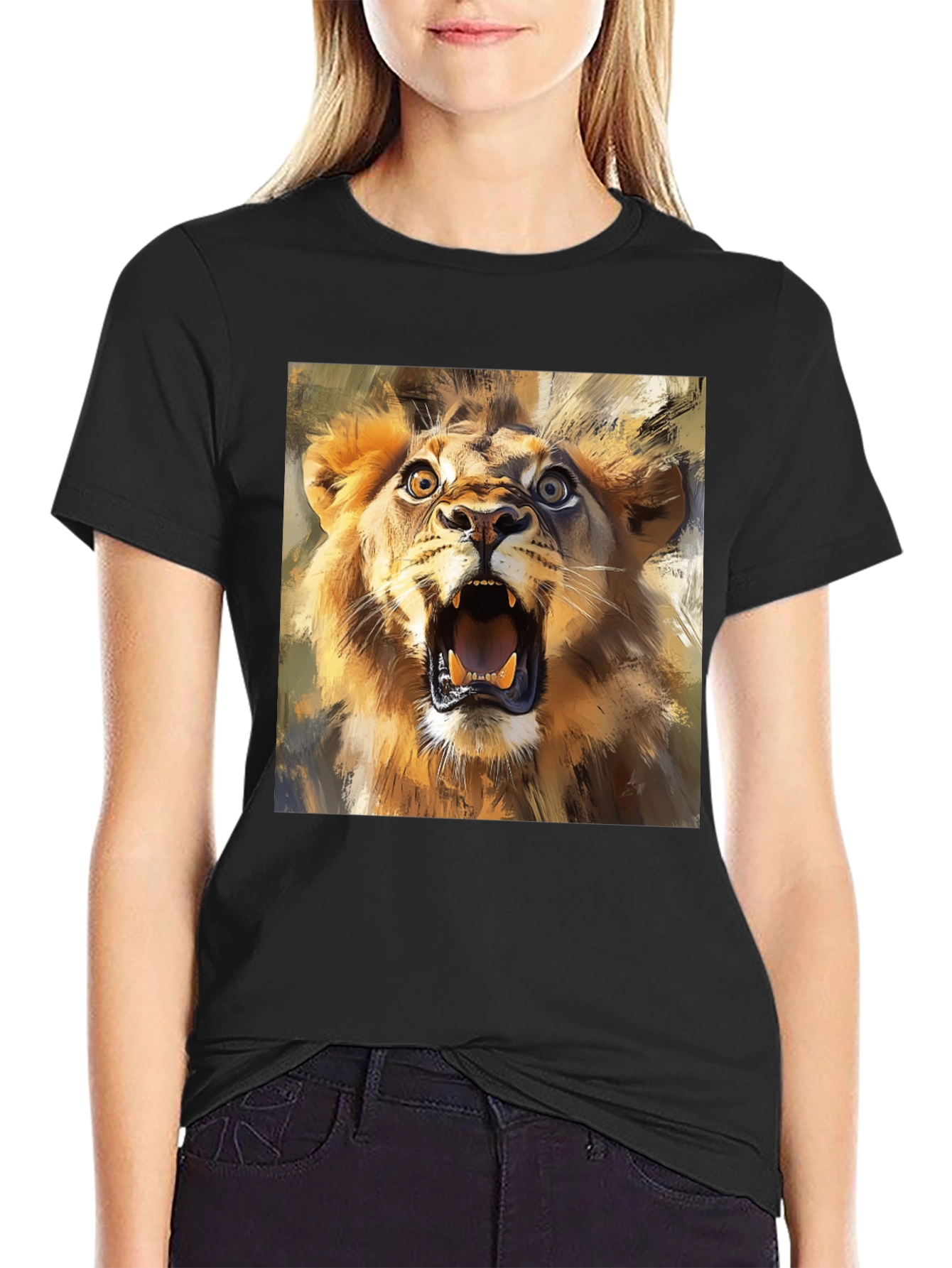 Black Roaring Lion Graphic Tee - Animal Print T-Shirt view 2