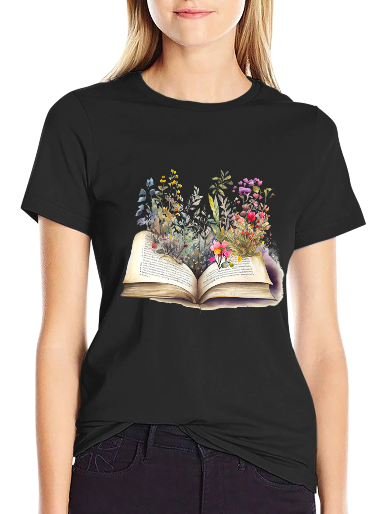 Black Floral Bookworm T-Shirt - Unisex view 2