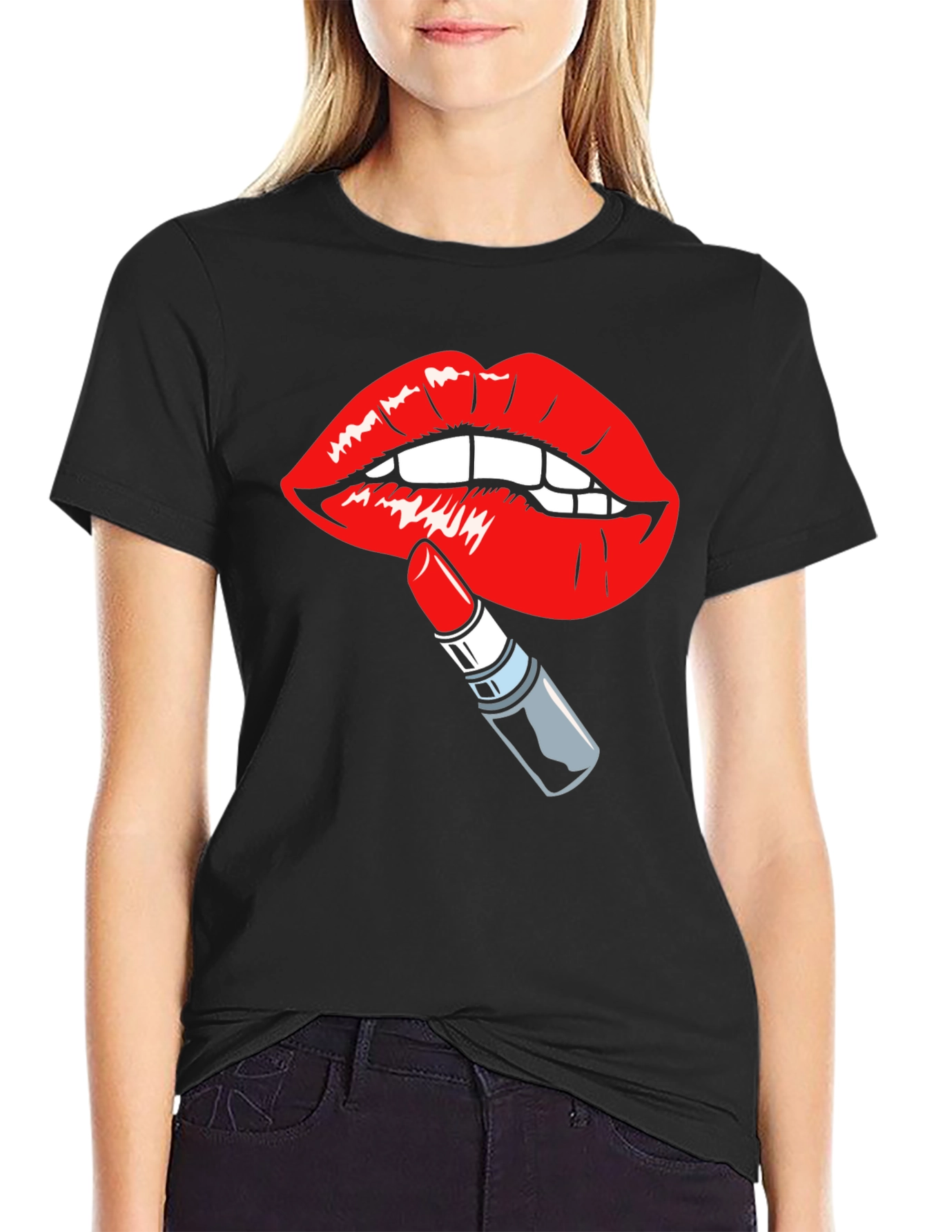 Black Bold Lips & Lipstick Graphic Tee - Black Cotton T-Shirt view 2