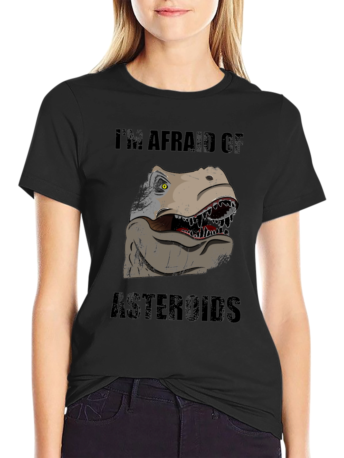Black Dinosaur Afraid of Asteroids Graphic T-Shirt view 2